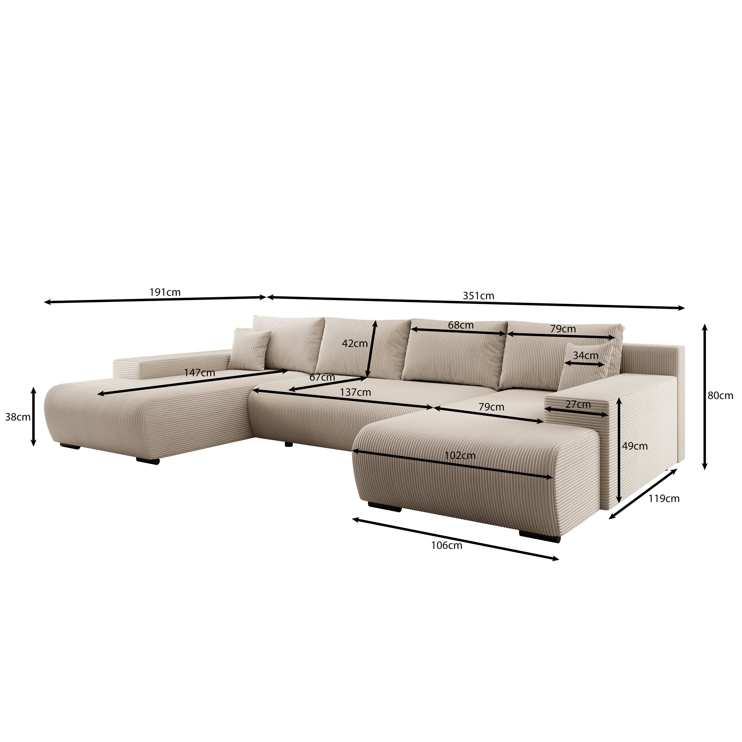 Wincan - Hoekbank 4-zits met chaise longue - Ribstof beige - Universeel