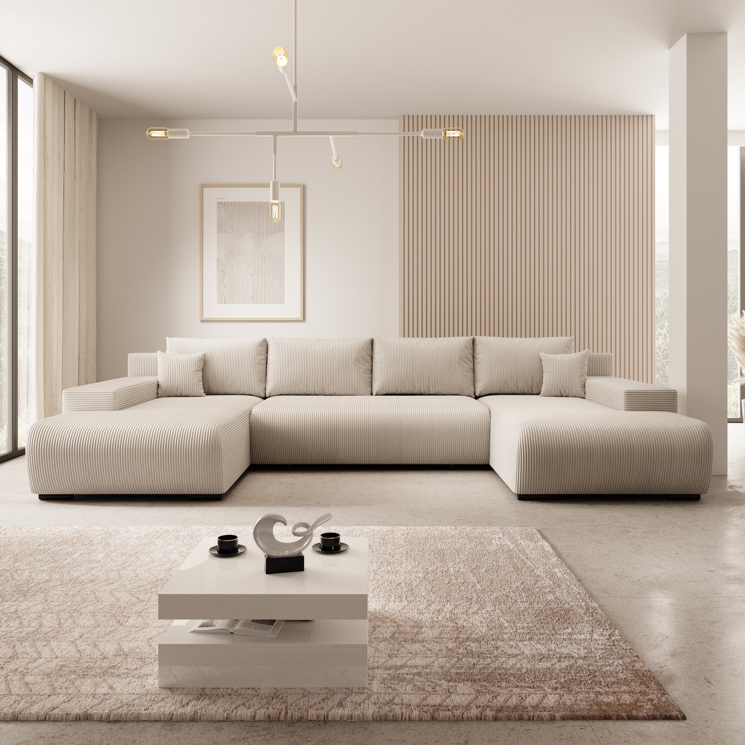 Wincan - Hoekbank 4-zits met chaise longue - Ribstof beige - Universeel