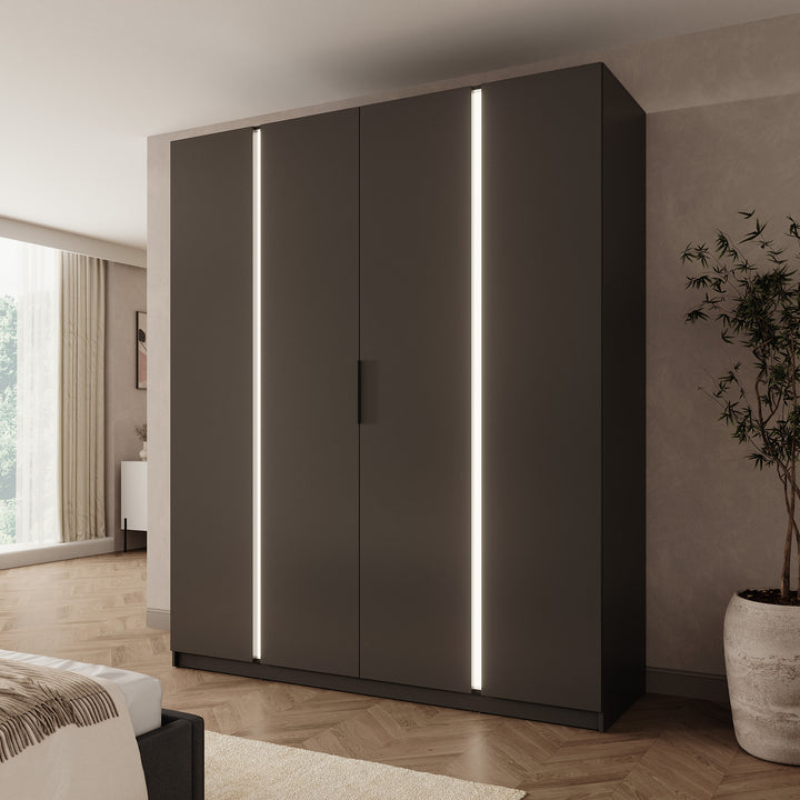 Wishi - Kledingkast 4-deurs met verlichting - Zwart - 200x62x239 cm
