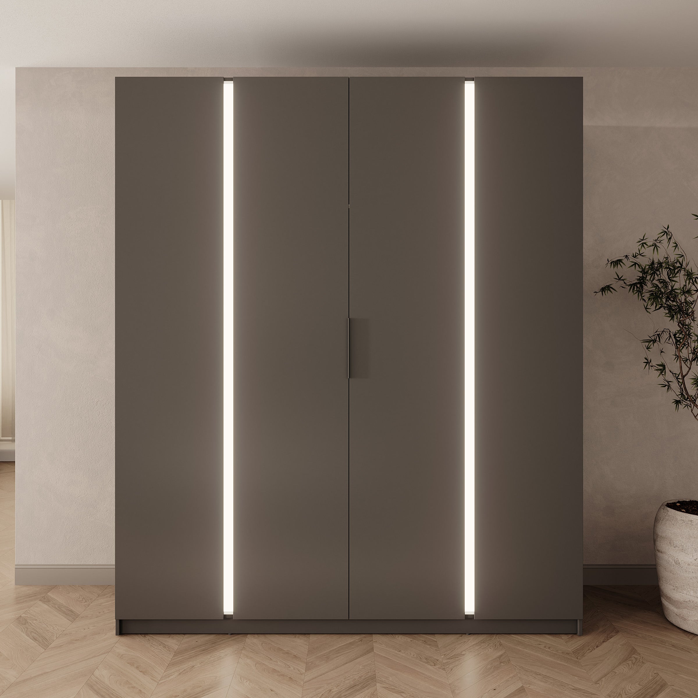 Wishi - Kledingkast 4-deurs met verlichting - Zwart - 200x62x239 cm
