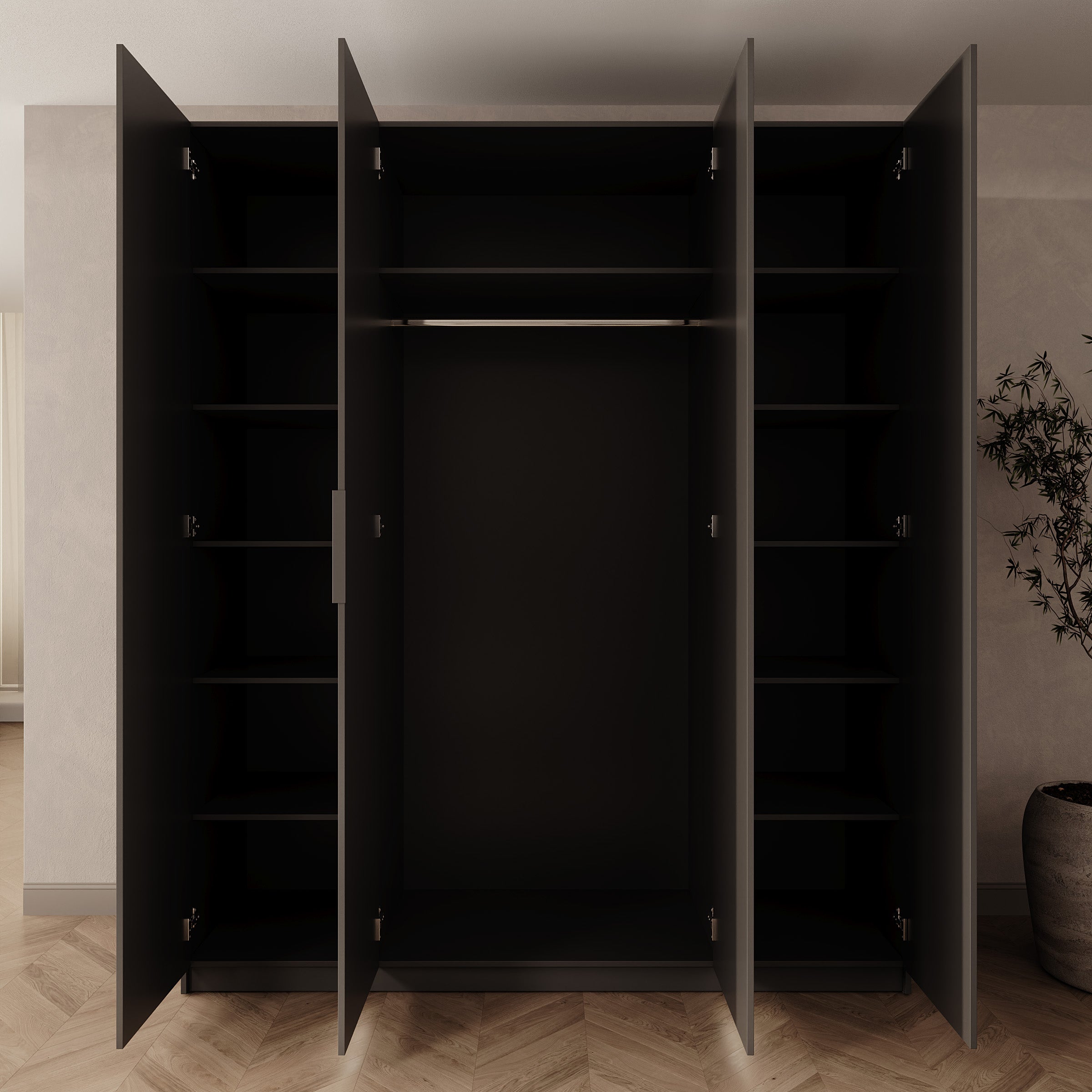 Wishi - Kledingkast 4-deurs met verlichting - Zwart - 200x62x239 cm