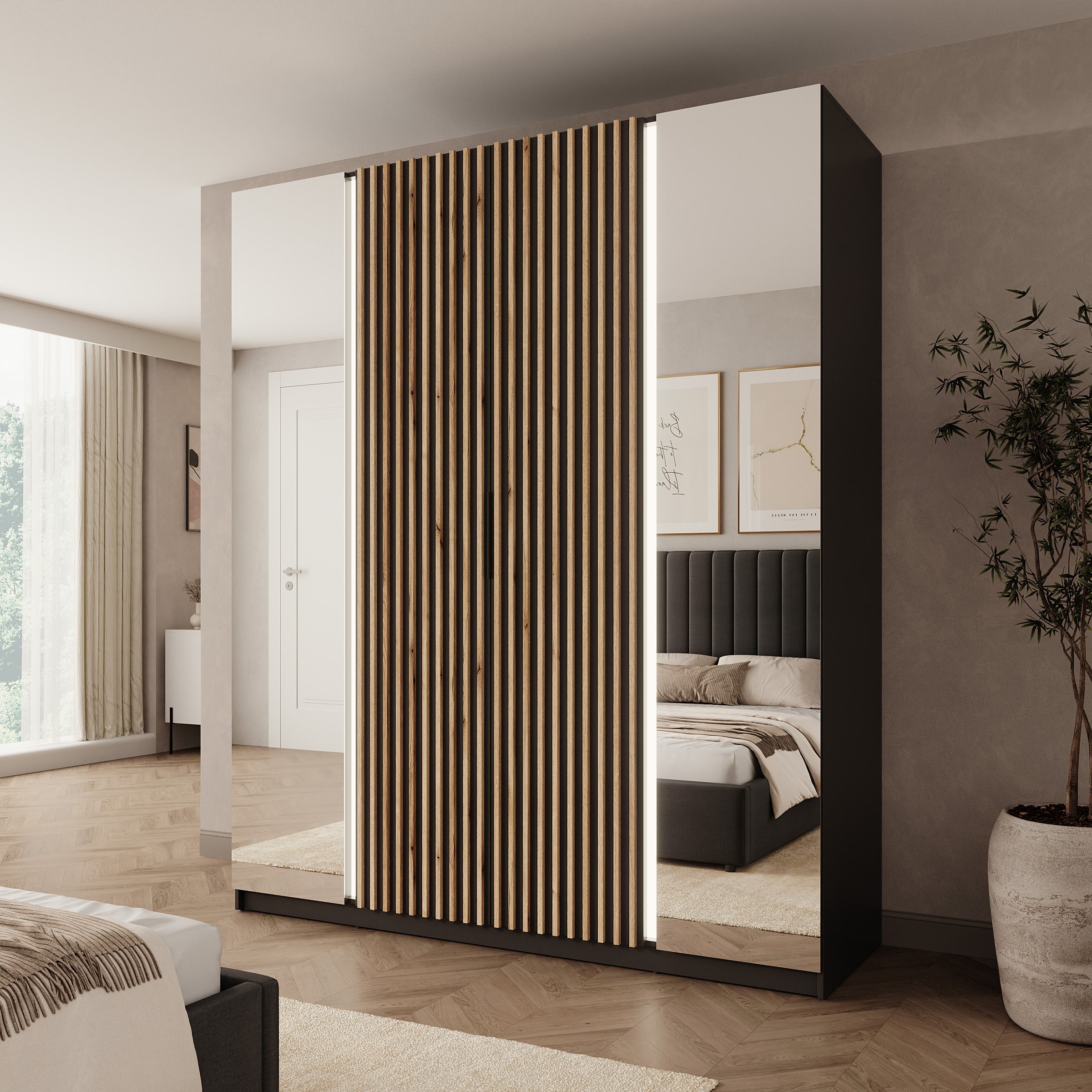 Wishi - Kledingkast 4-deurs met verlichting - Zwart/Eikenpatroon - 200x62x239 cm