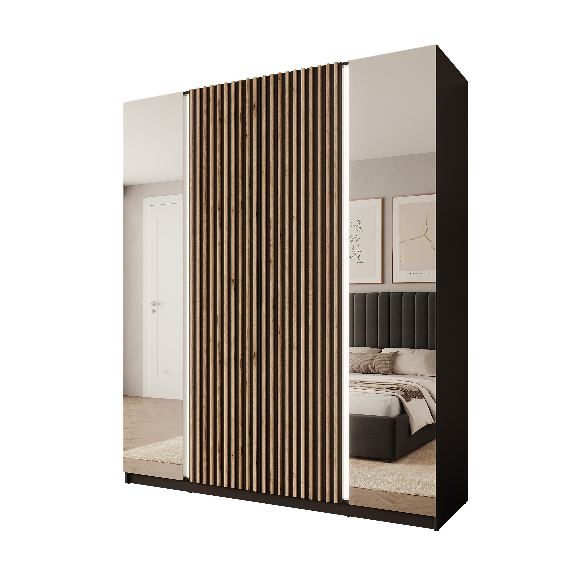 Wishi - Kledingkast 4-deurs met verlichting - Zwart/Eikenpatroon - 200x62x239 cm