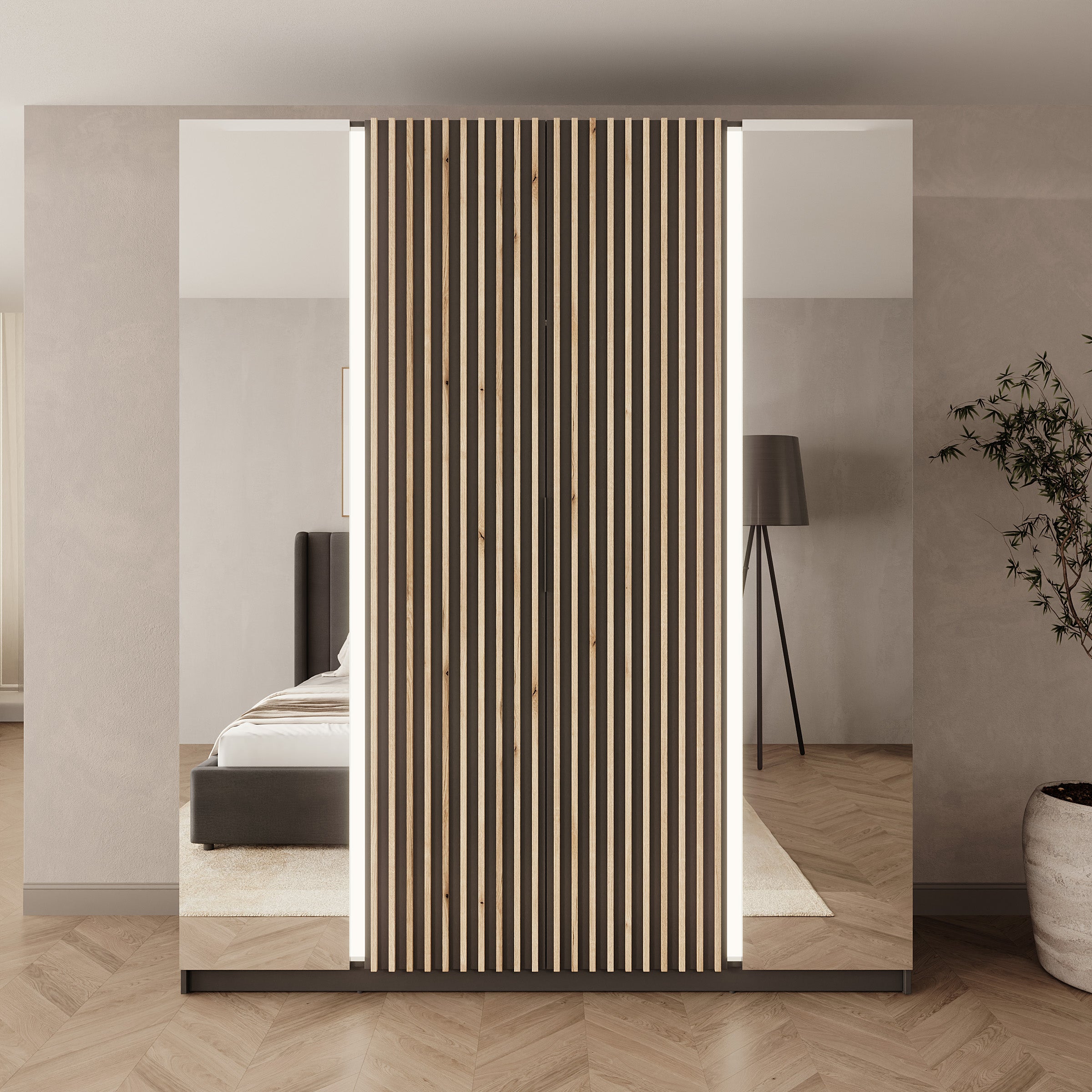 Wishi - Kledingkast 4-deurs met verlichting - Zwart/Eikenpatroon - 200x62x239 cm