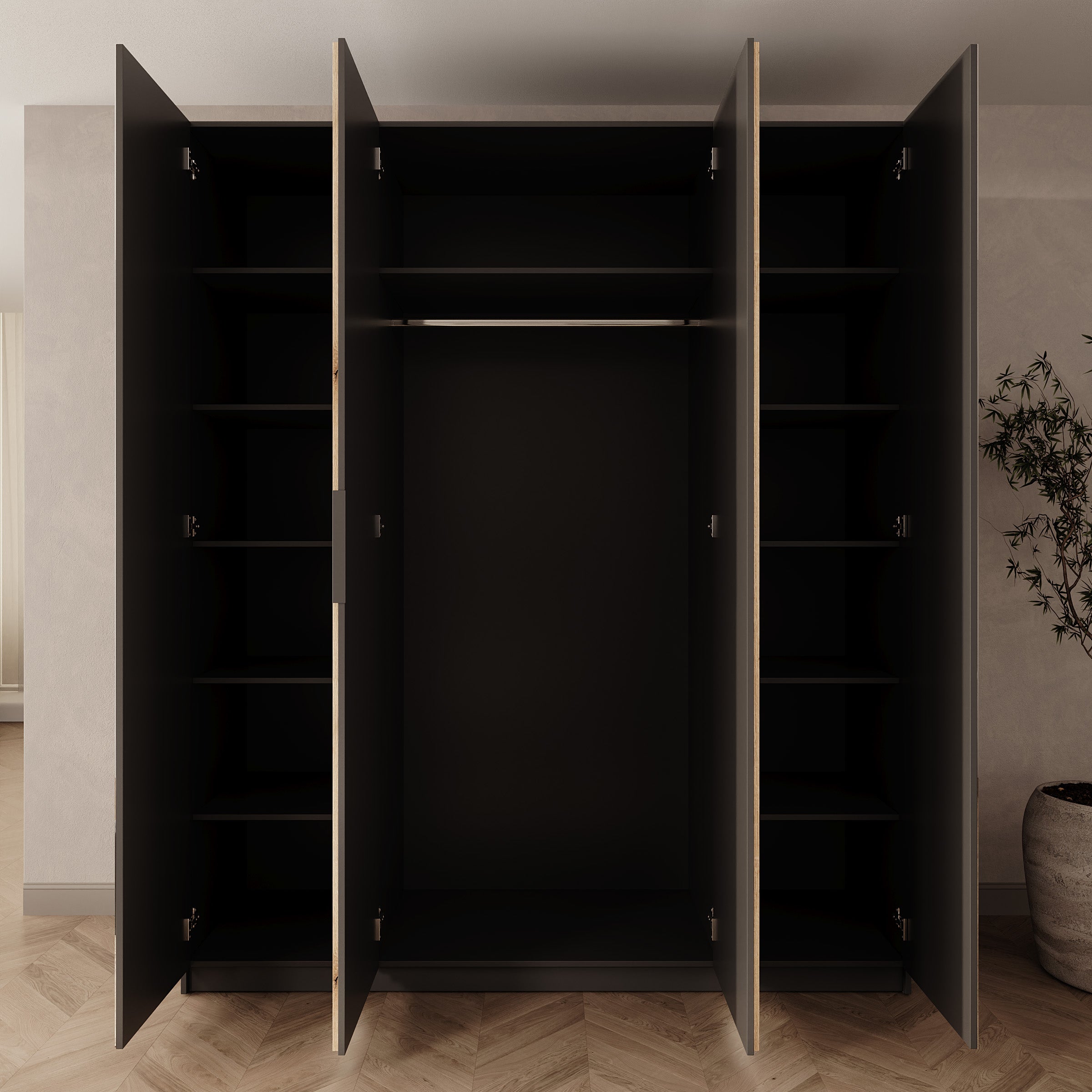Wishi - Kledingkast 4-deurs met verlichting - Zwart/Eikenpatroon - 200x62x239 cm