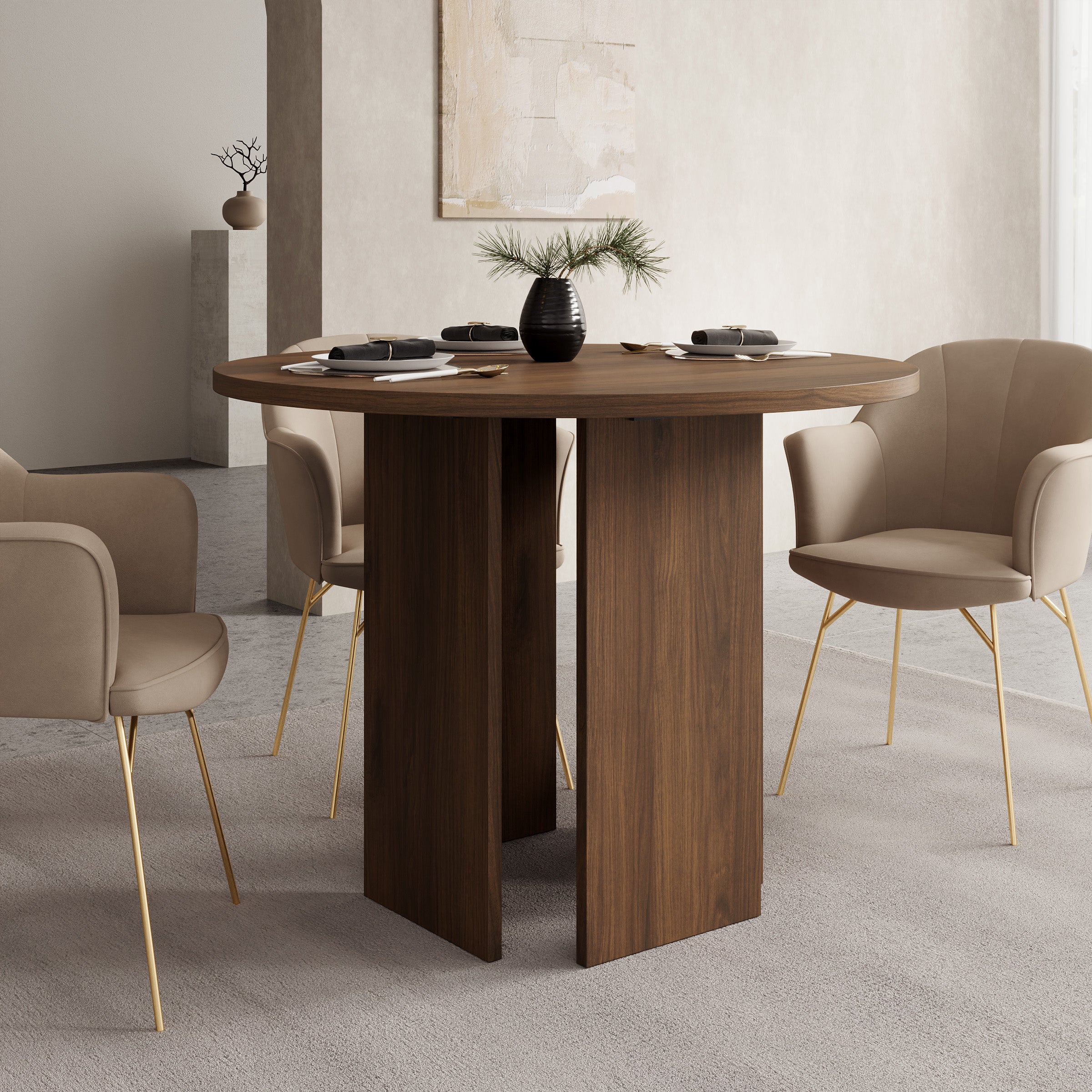 Yavero - Eetkamertafel rond - Walnootpatroon - 100x100x75 cm