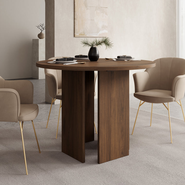 Yavero - Eetkamertafel rond - Walnootpatroon - 100x100x75 cm