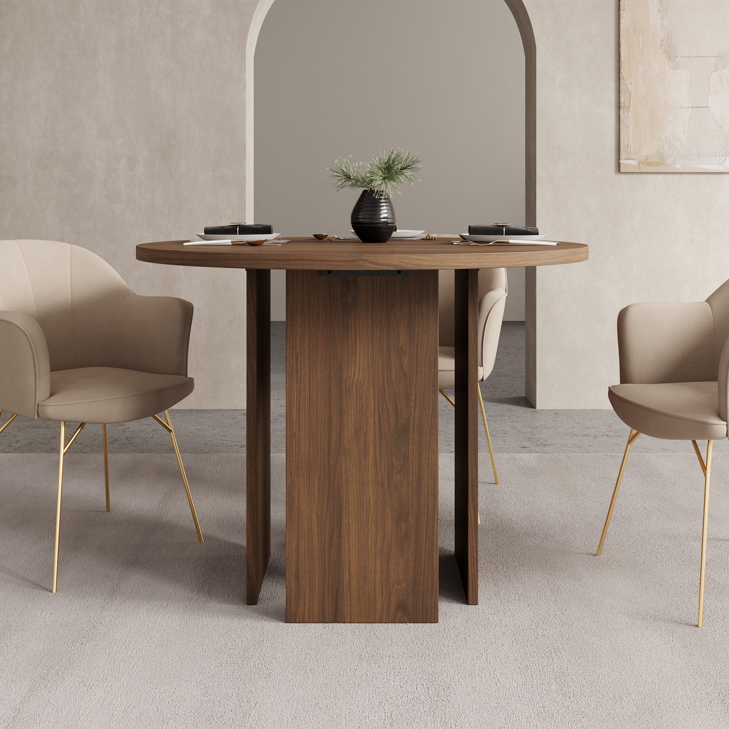 Yavero - Eetkamertafel rond - Walnootpatroon - 100x100x75 cm