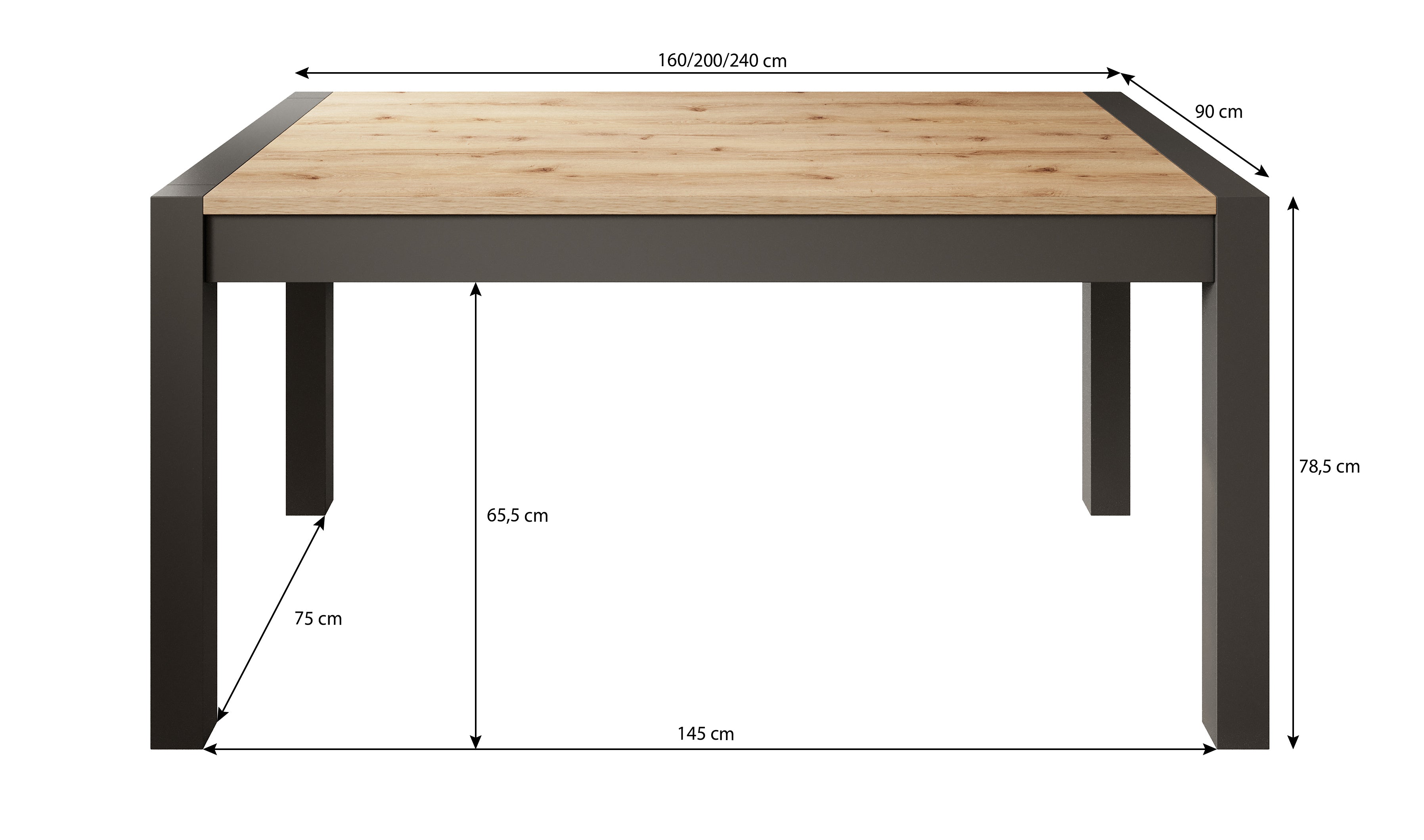 Acapulco - Eetkamertafel - Eiken/zwart - 160x90x79 cm