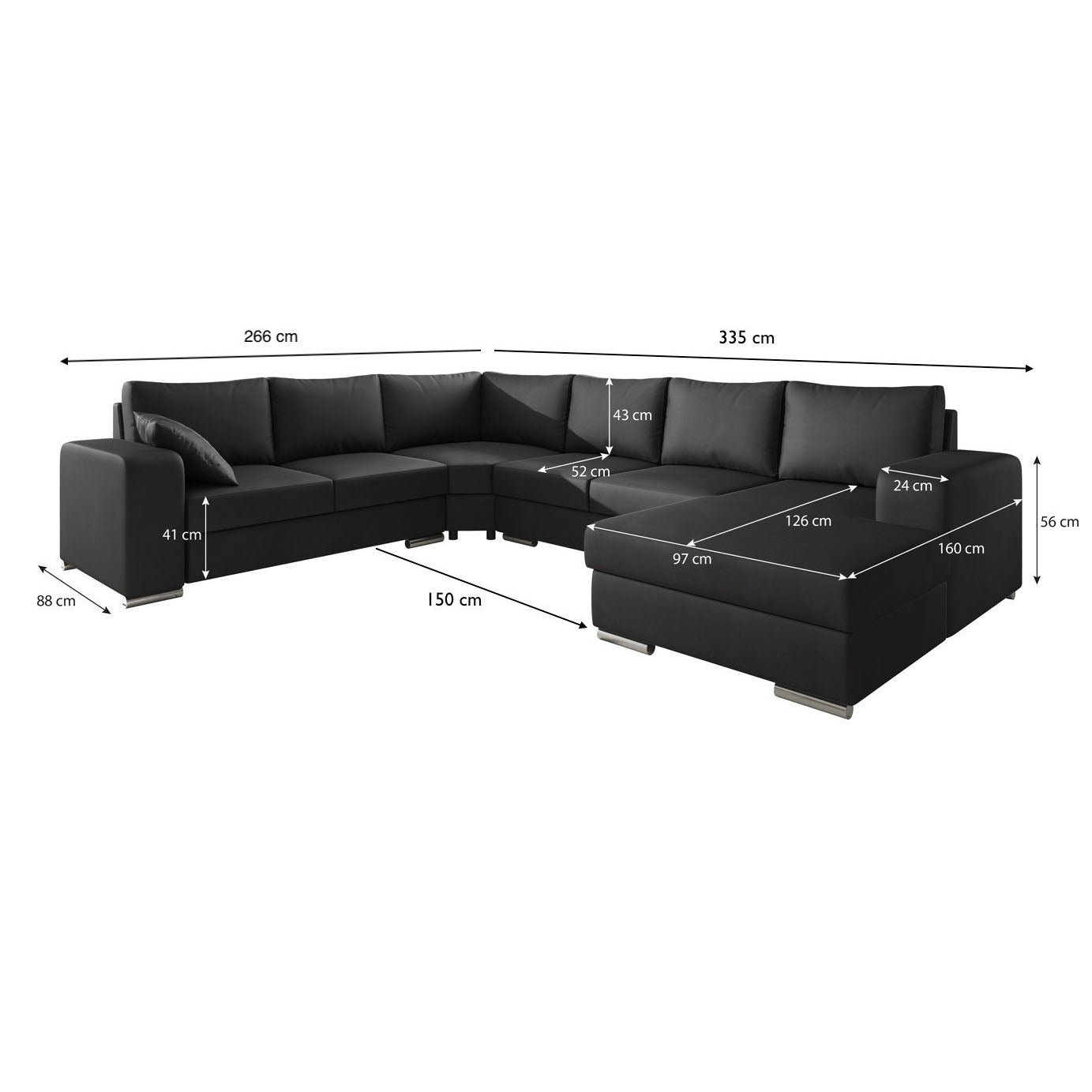 Adel - Hoekbank 5-zits met chaise longue - Kunstleer antraciet - Rechts