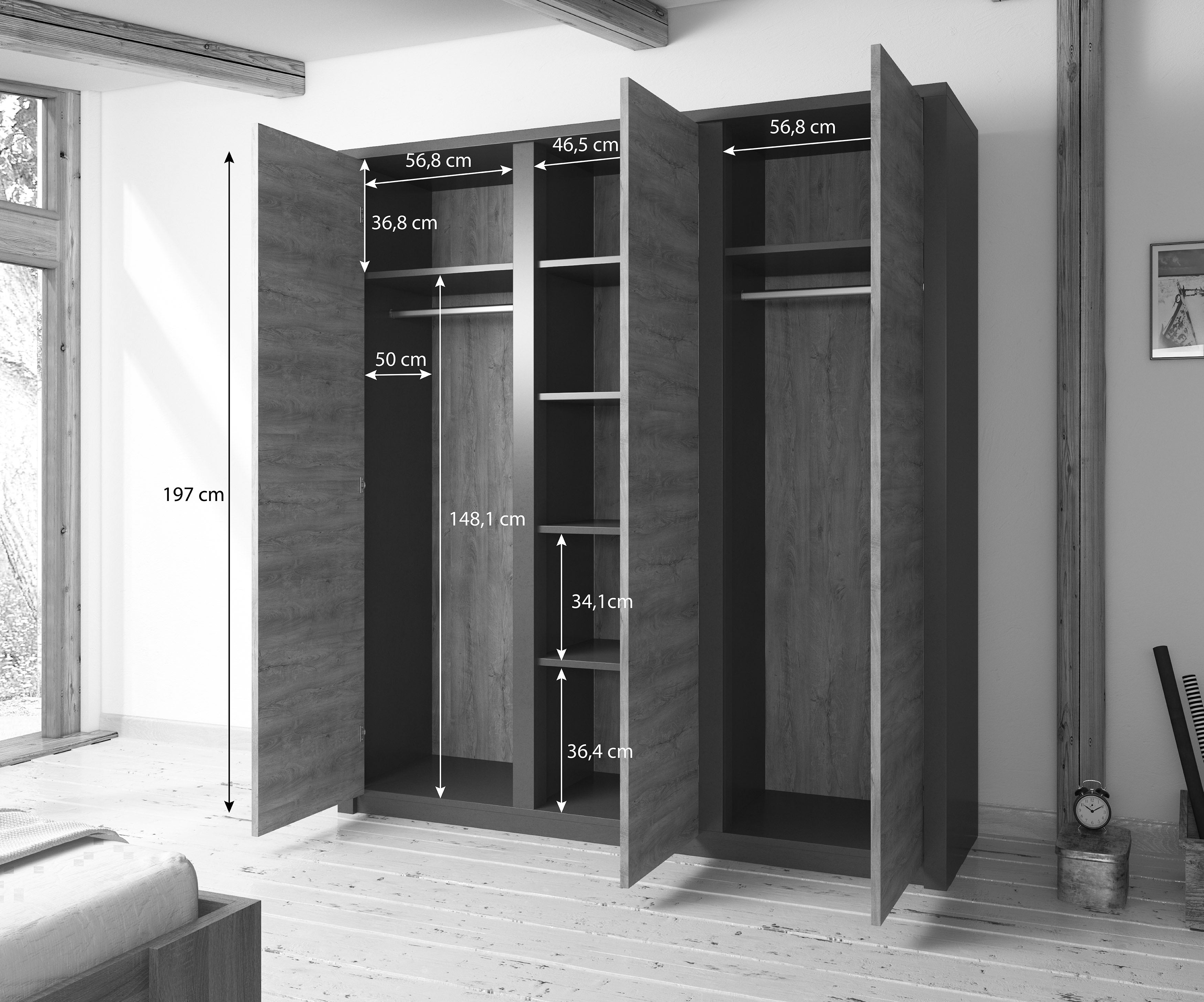 Monaco - Kledingkast 3-deurs - Eiken/grijs - 166x53x197 cm