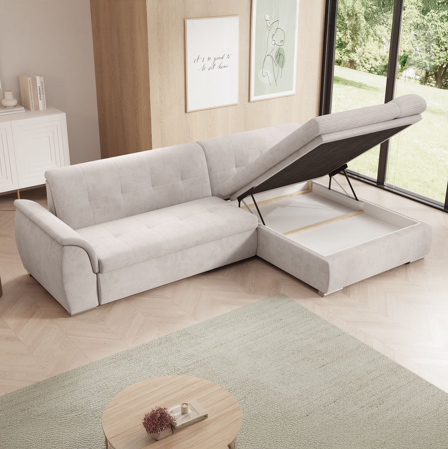 Alberta - Hoekbank 3-zits met chaise longue - Ribstof beige - Rechts