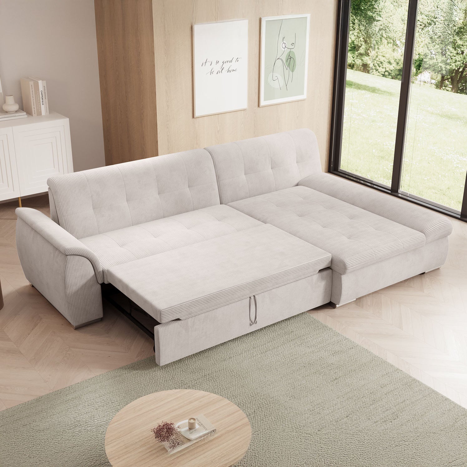 Alberta - Hoekbank 3-zits met chaise longue - Ribstof beige - Rechts