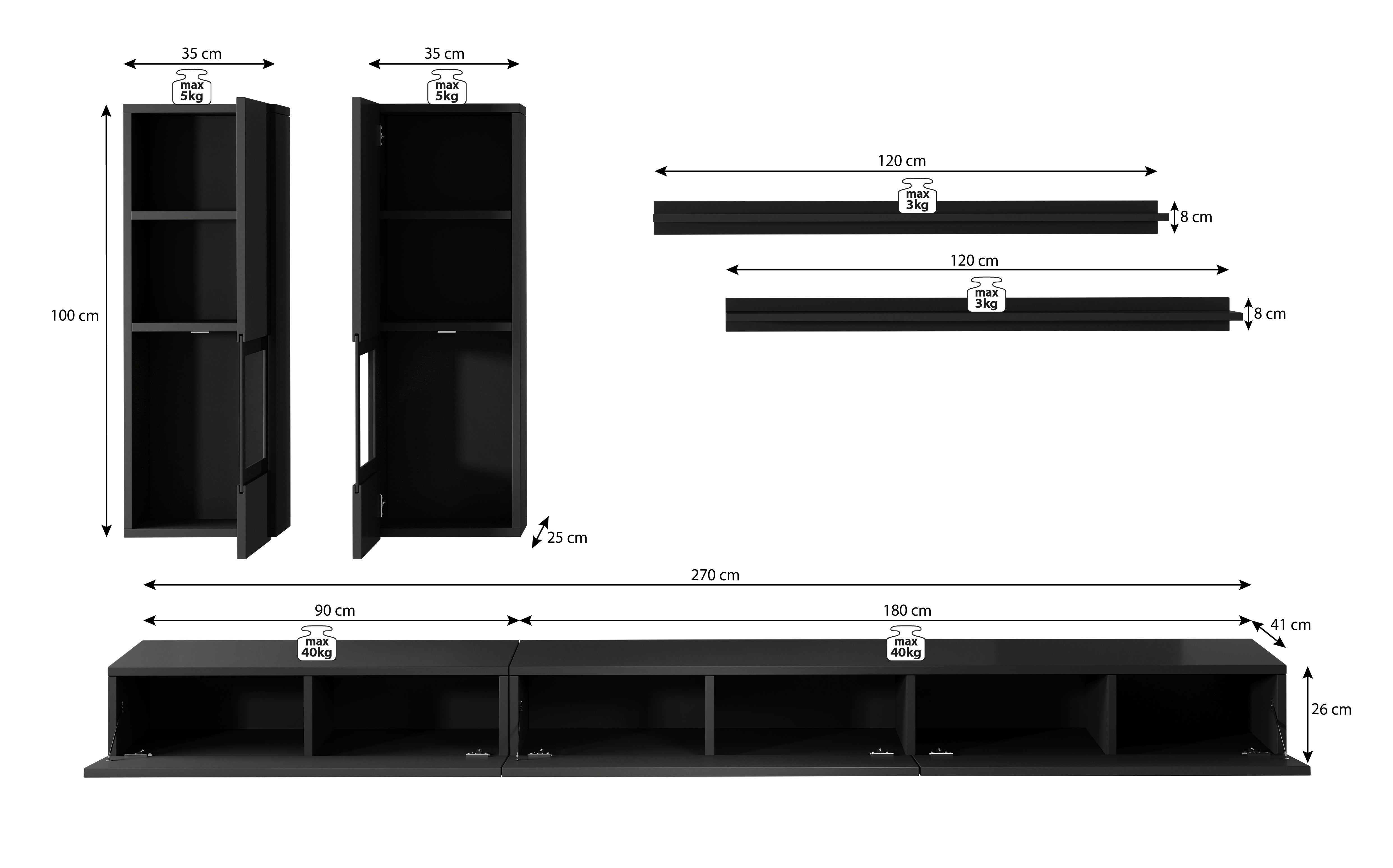 Antrix - Wandmeubel - Zwart - 270x41x26 cm