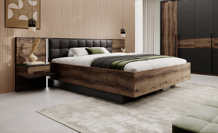 Borna - Tweepersoonsbed met nachtkastjes - Donker eiken - 160x200 cm