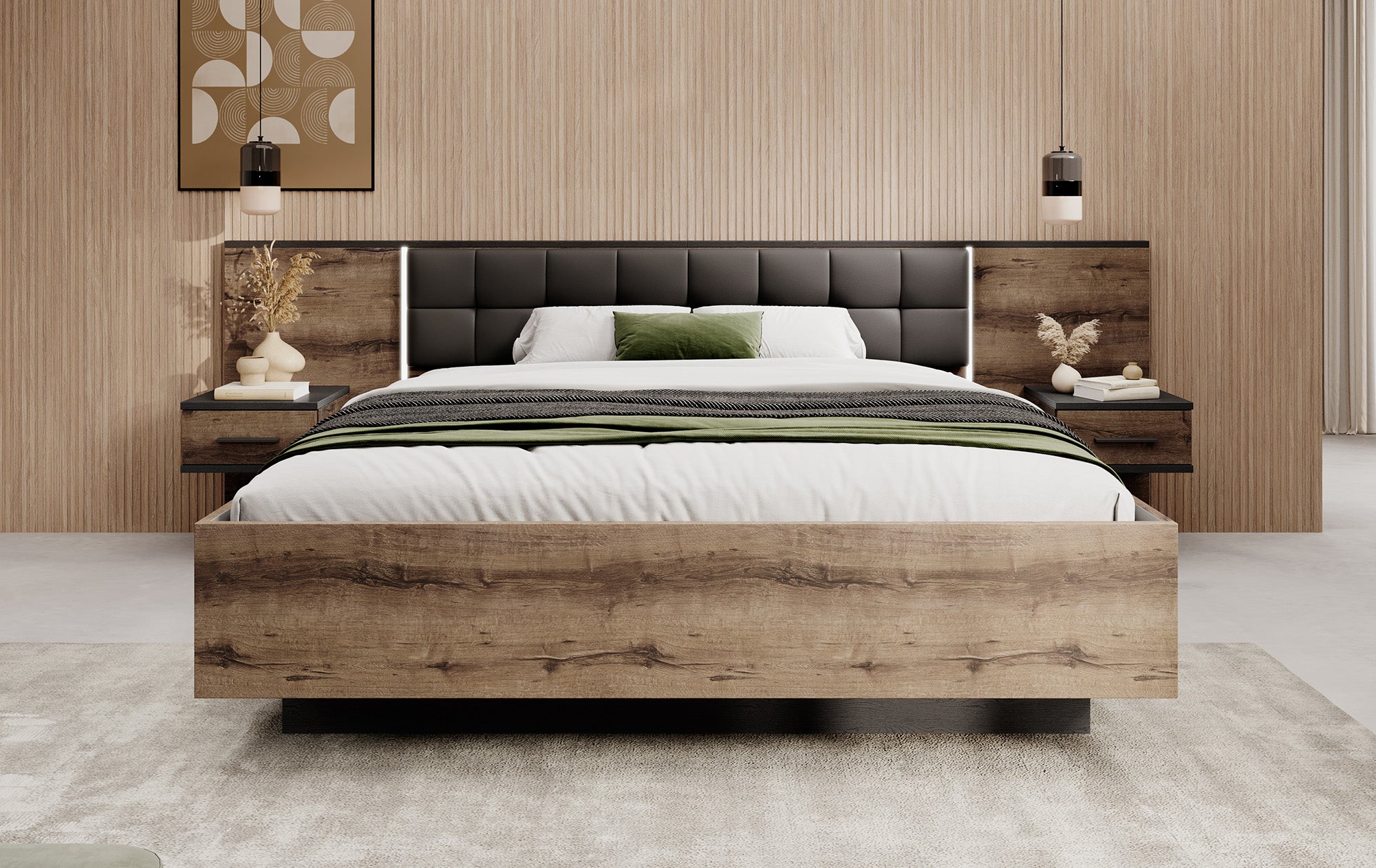 Borna - Tweepersoonsbed met nachtkastjes - Donker eiken - 160x200 cm