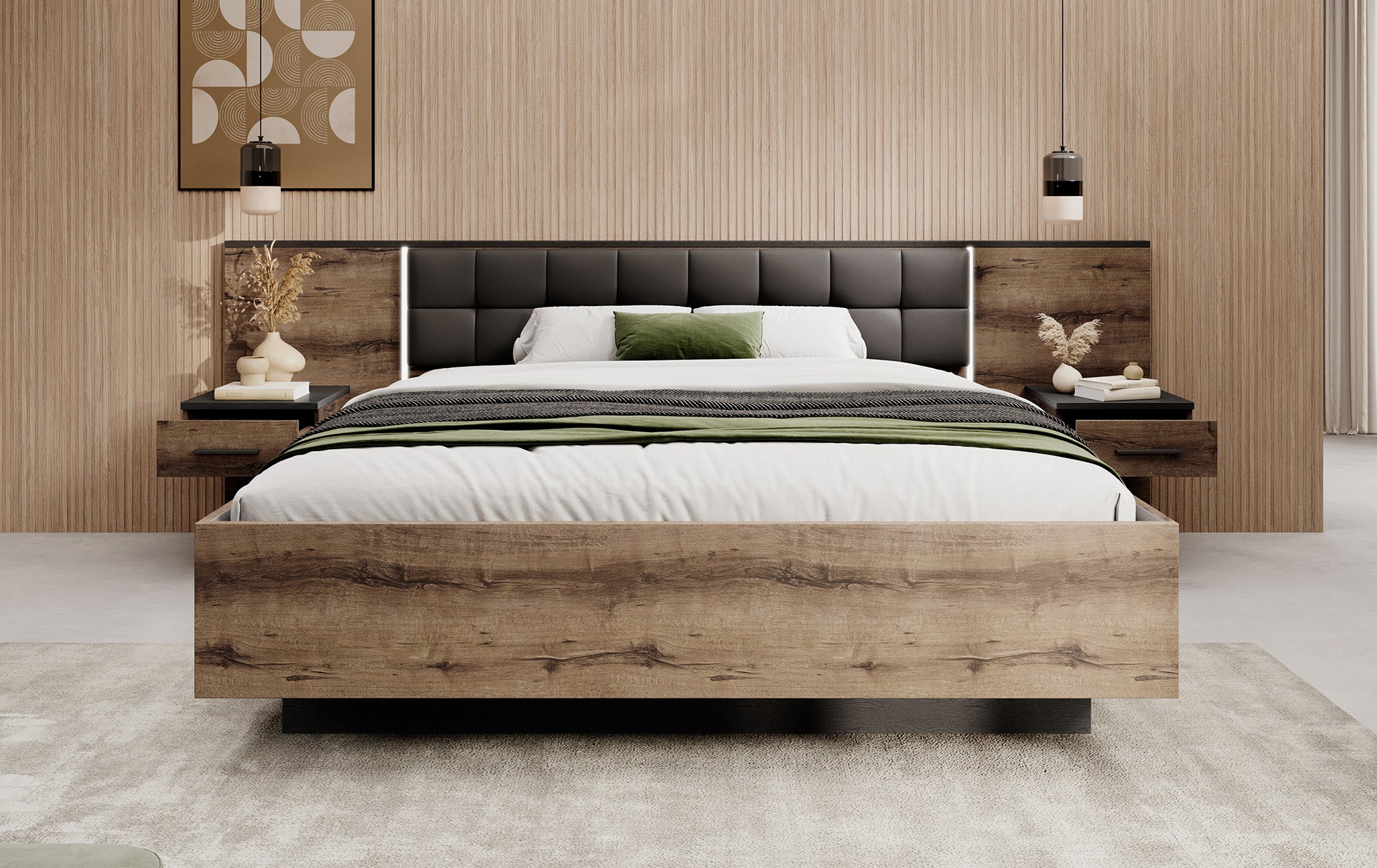Borna - Tweepersoonsbed met nachtkastjes - Donker eiken - 160x200 cm