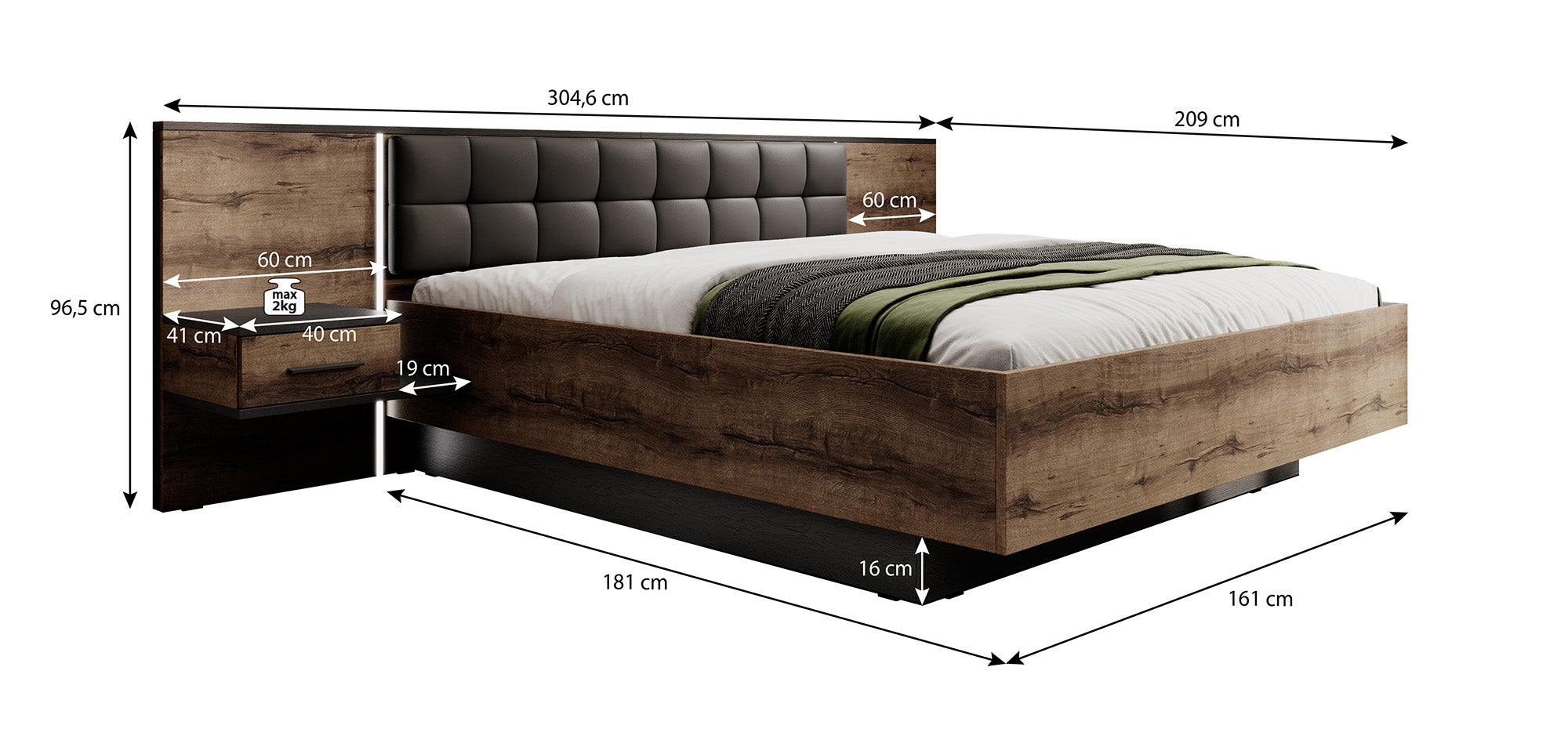 Borna - Tweepersoonsbed met nachtkastjes - Donker eiken - 160x200 cm