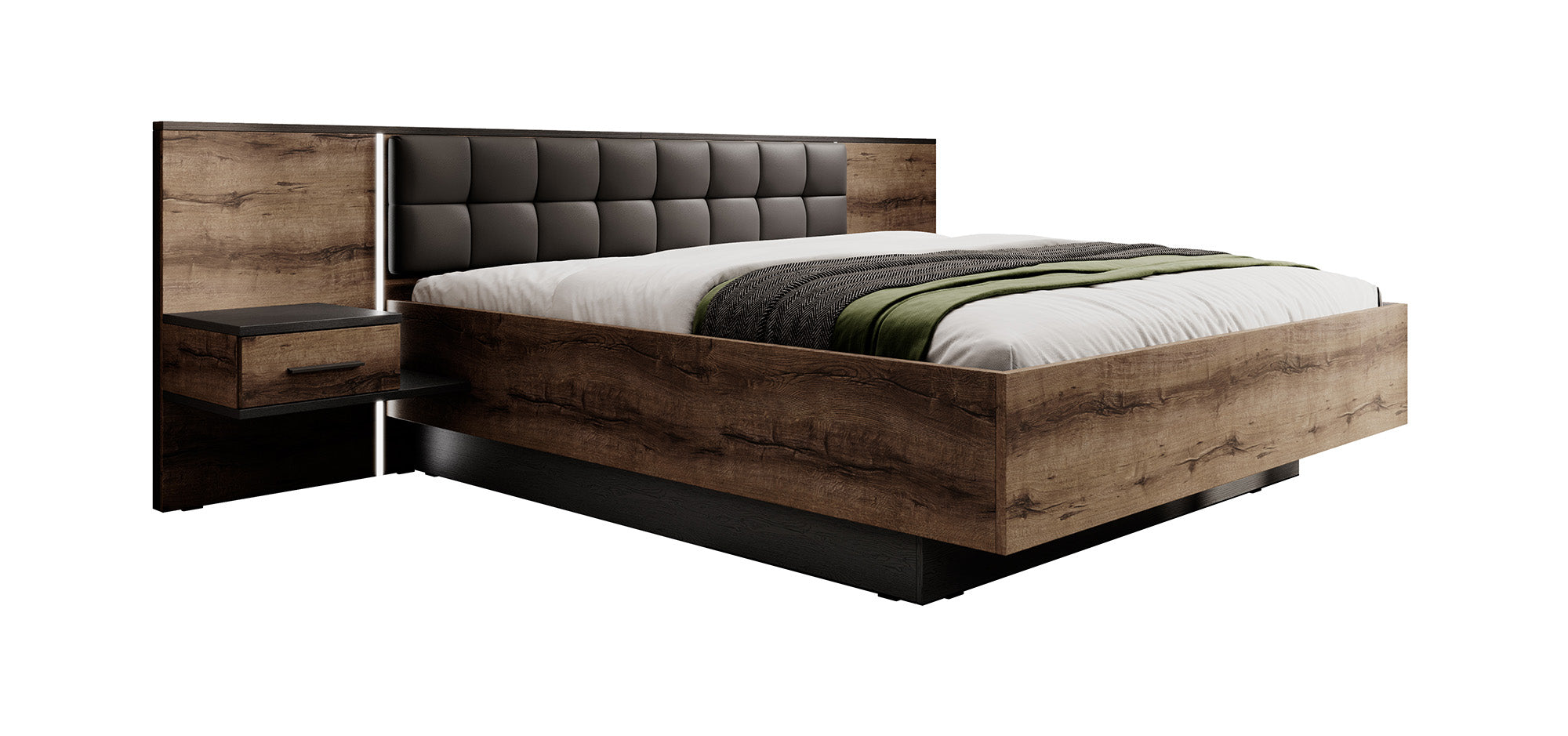 Borna - Tweepersoonsbed met nachtkastjes - Donker eiken - 160x200 cm