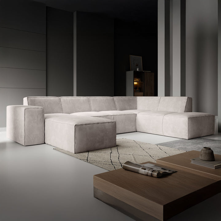 Monet XL - Hoekbank 5-zits met chaise longue - Ribstof beige - Links