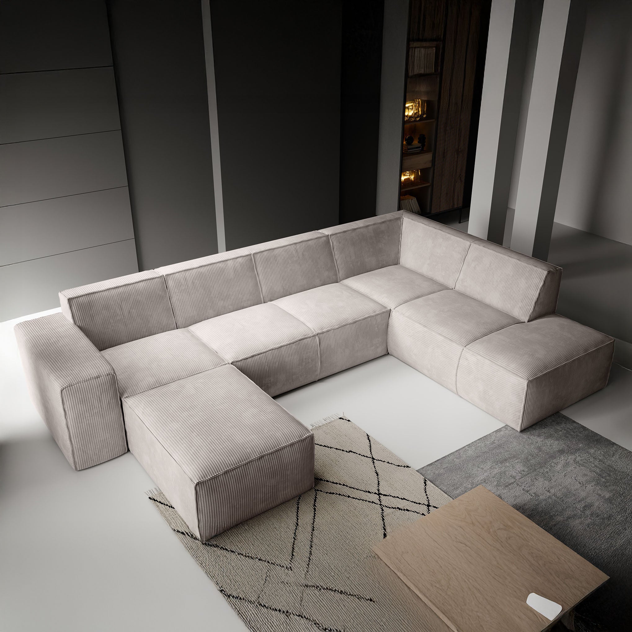 Monet XL - Hoekbank 5-zits met chaise longue - Ribstof beige - Links