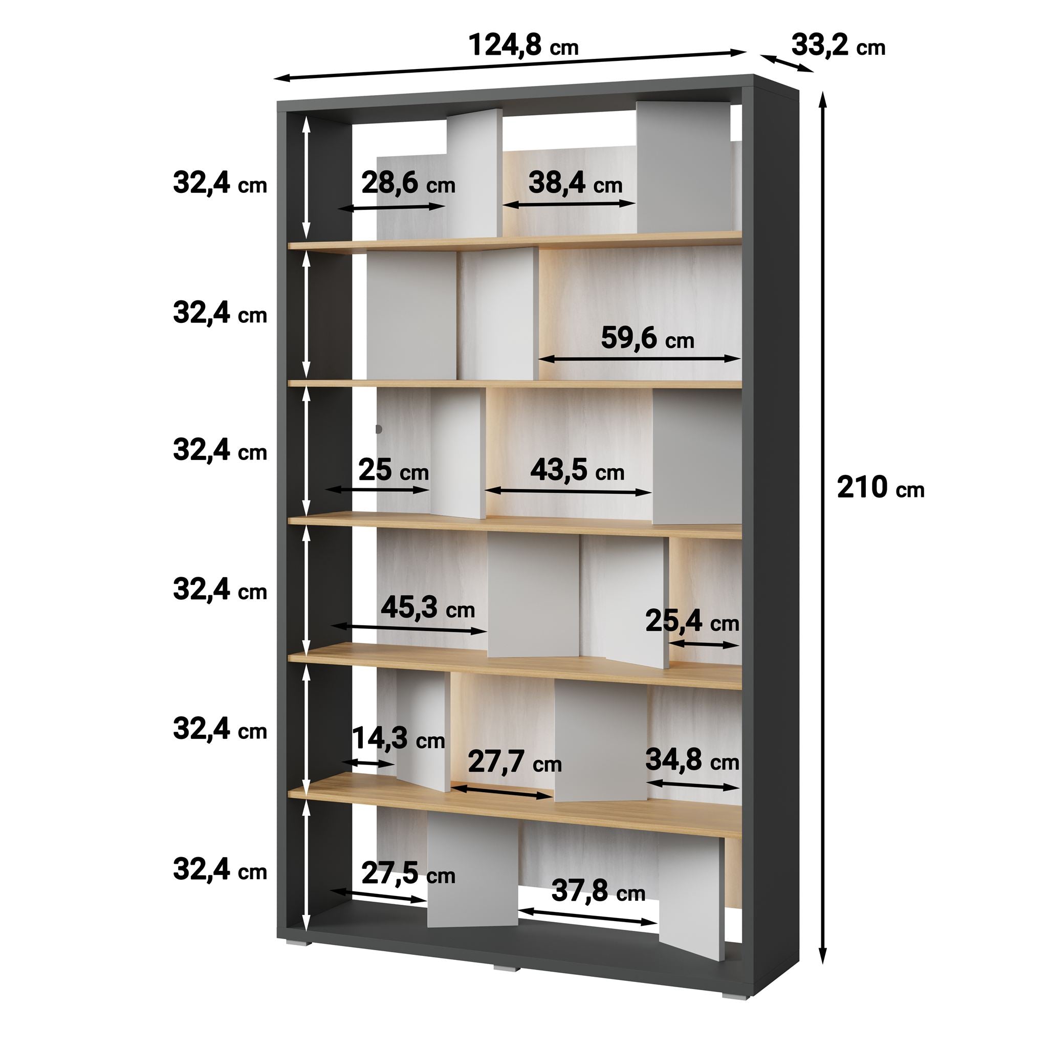 Flamingo - Boekenkast - Eiken/grijs - 125x33x210 cm