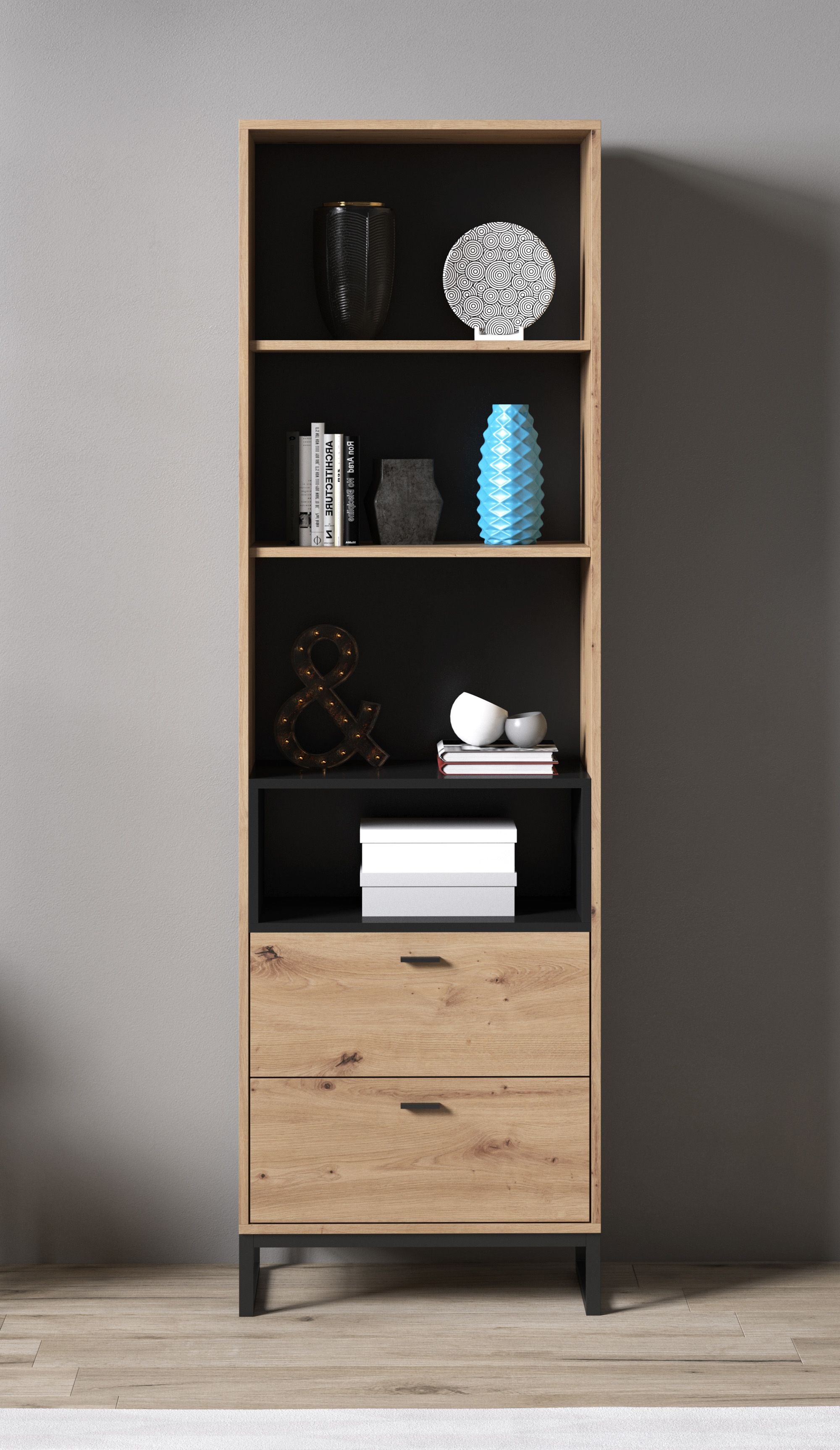 Ozzy - Boekenkast - Eiken/zwart - 60x40x202 cm
