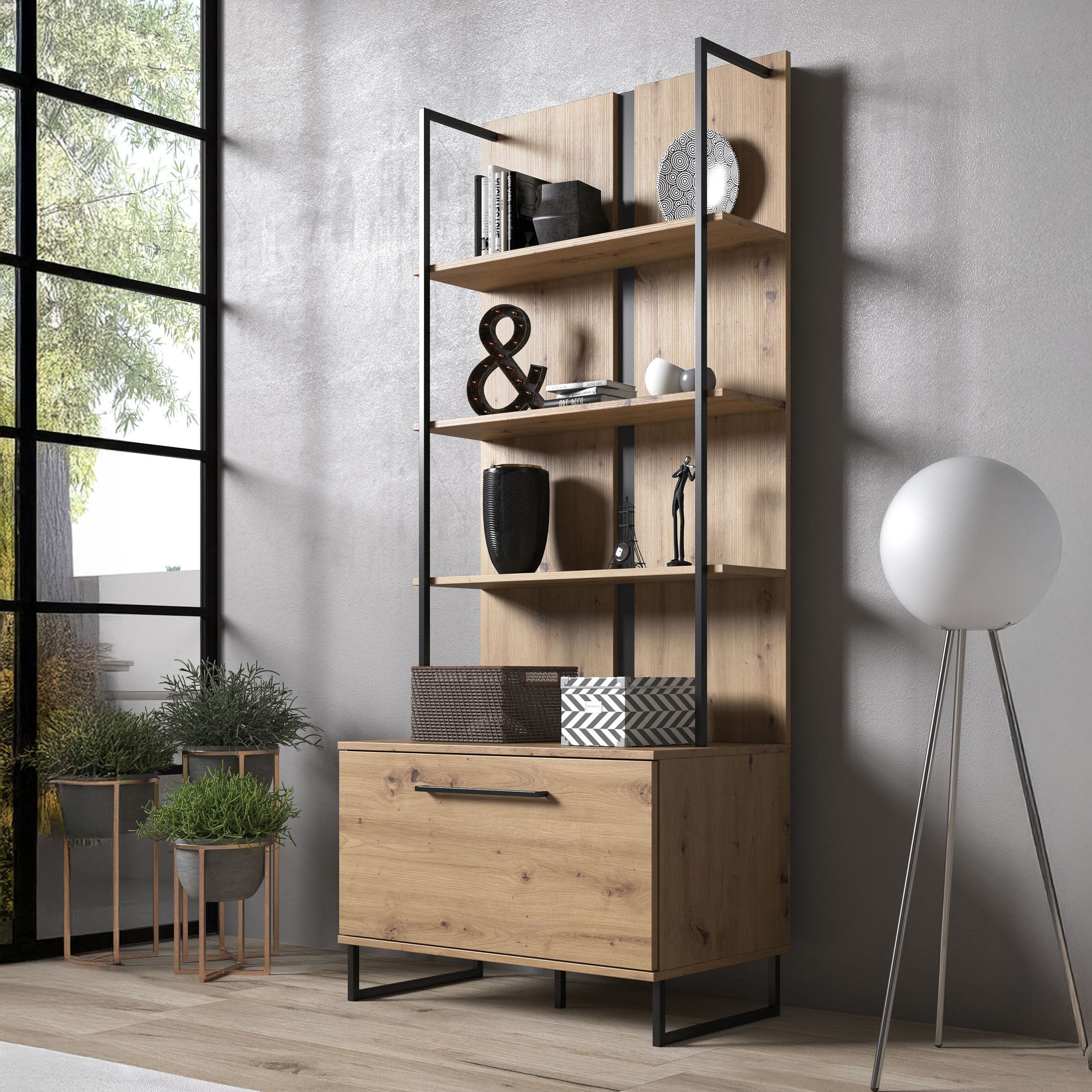 Saturn - Boekenkast - Eiken/zwart - 85x42x192 cm