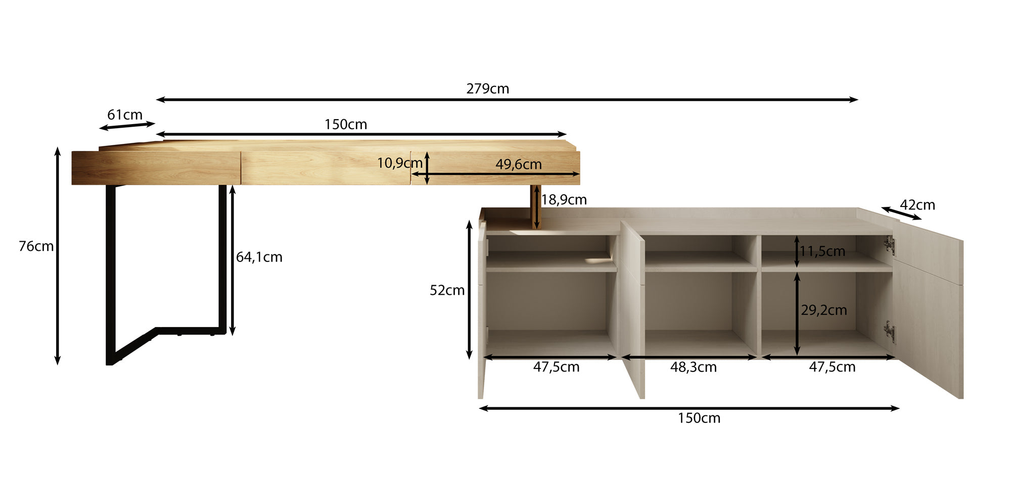 Floren - Bureau - Eiken - 279x61 cm