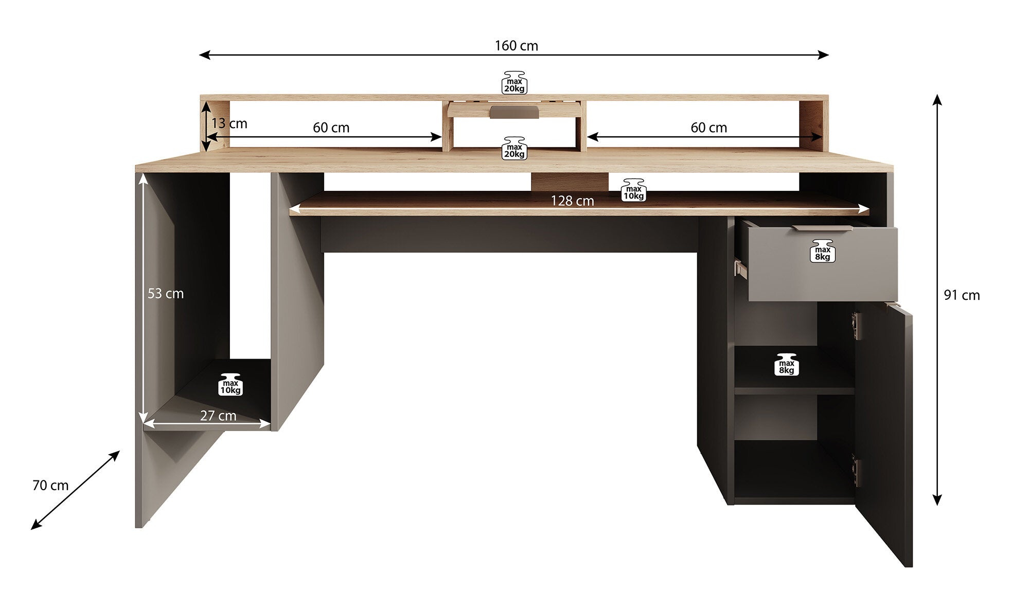 Ryan - Bureau - Grijs/eiken - 160x70 cm