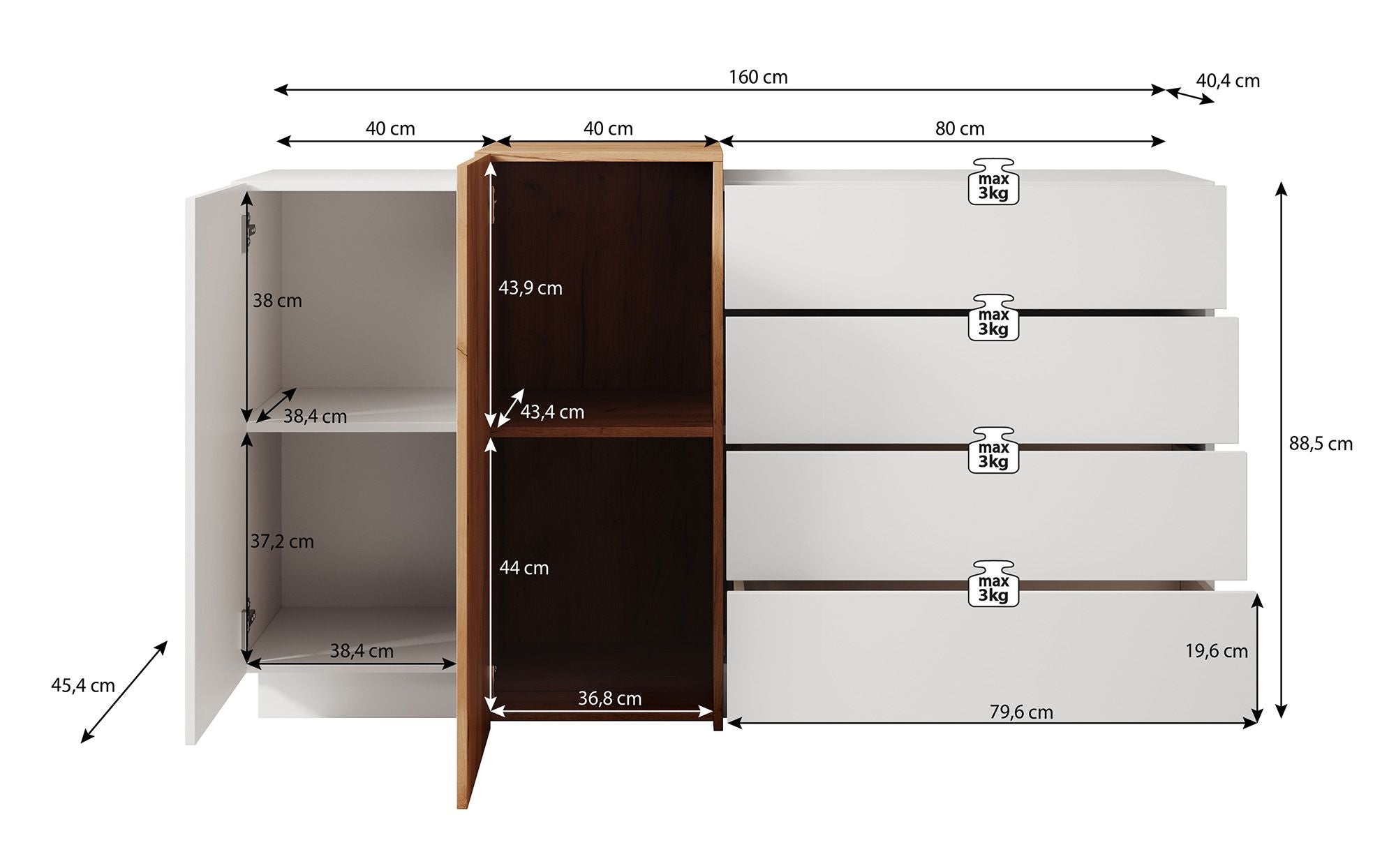 Three - Dressoir - Wit/eiken - 160x46x93 cm