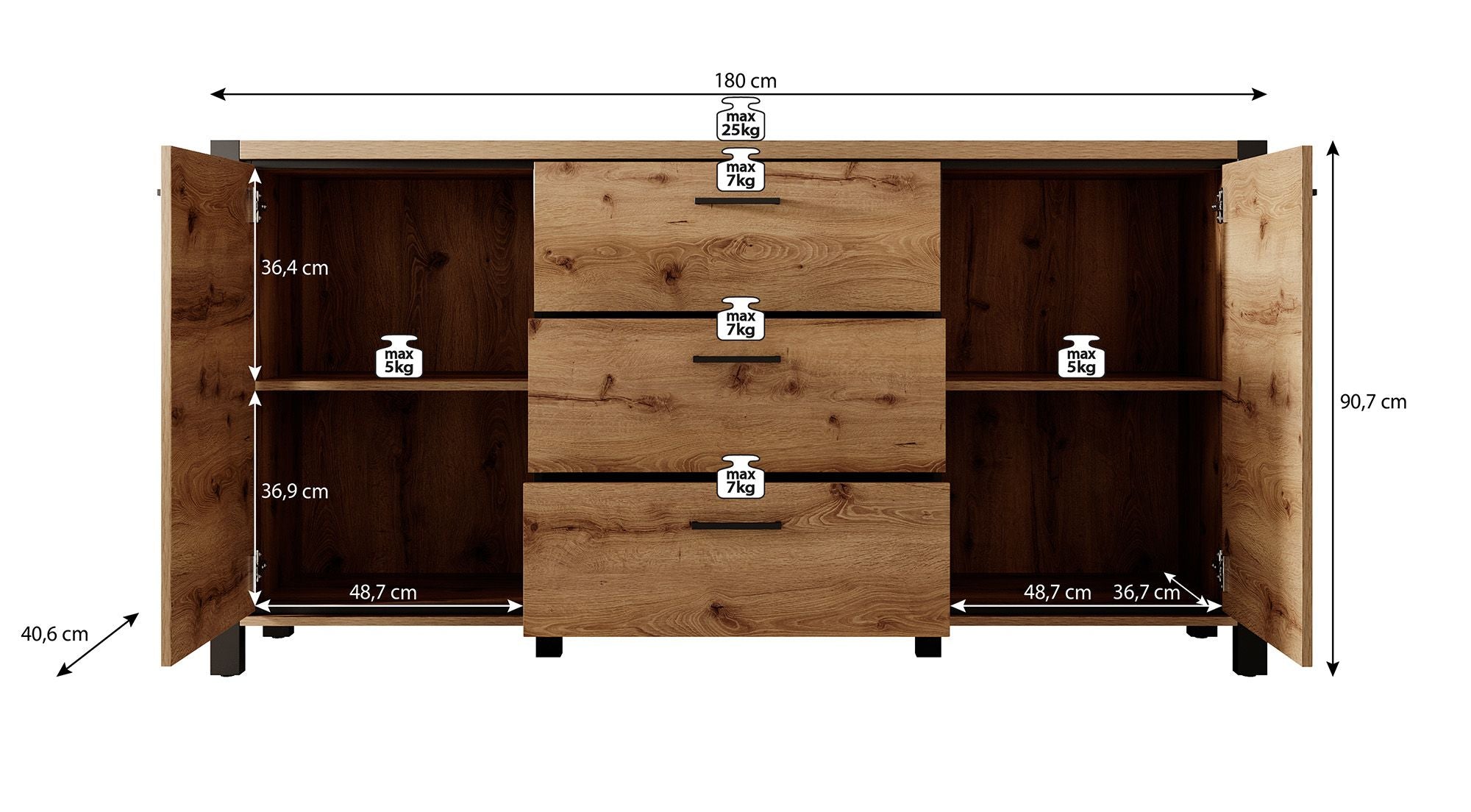 Acapulco - Dressoir - Eiken/zwart - 180x41x91 cm