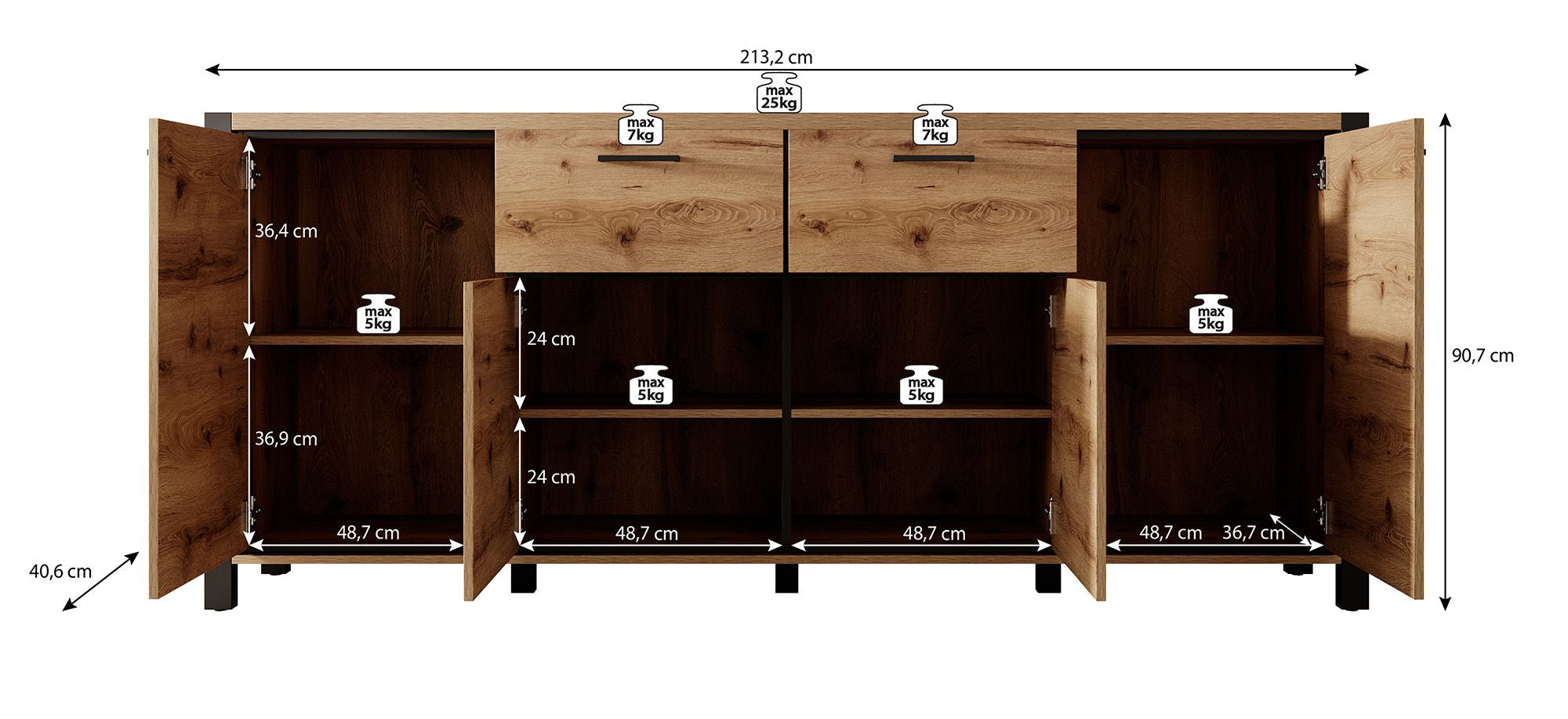 Acapulco - Dressoir - Eiken/zwart - 213x41x91 cm