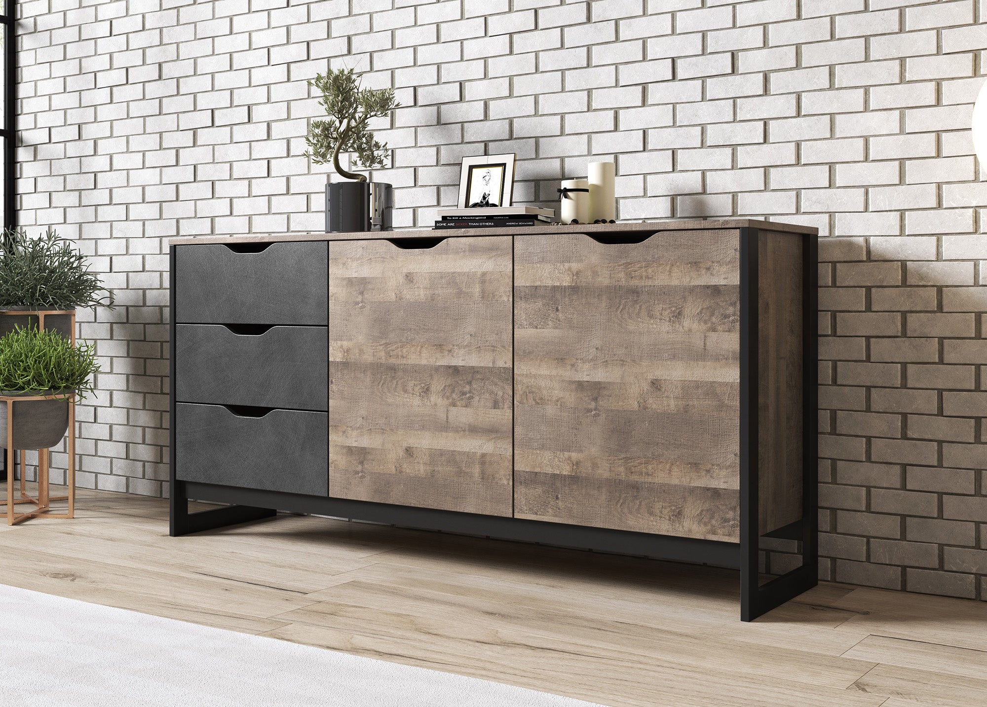 Acasia - Dressoir - Grijs/eiken - 161x40x79 cm