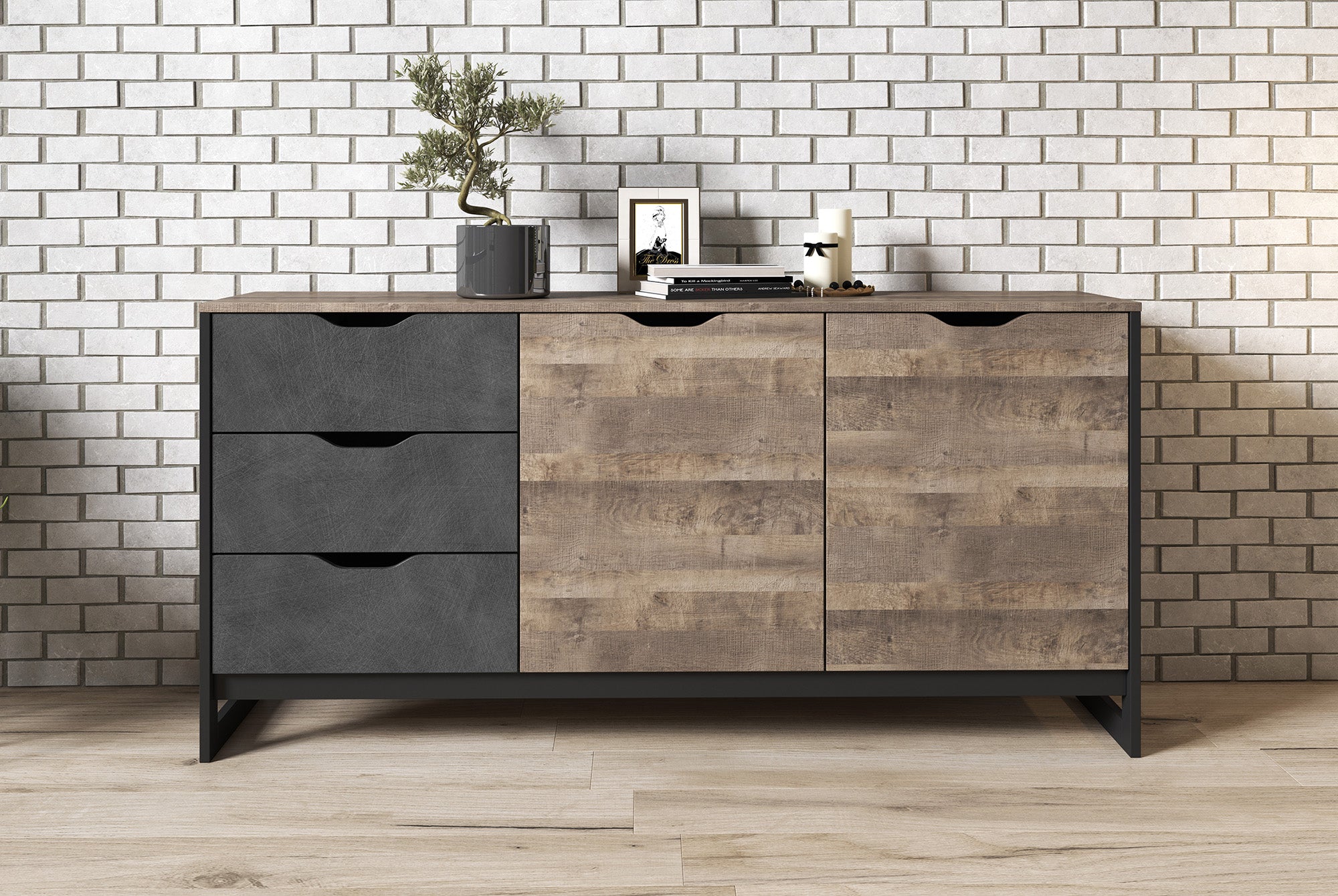 Acasia - Dressoir - Grijs/eiken - 161x40x79 cm