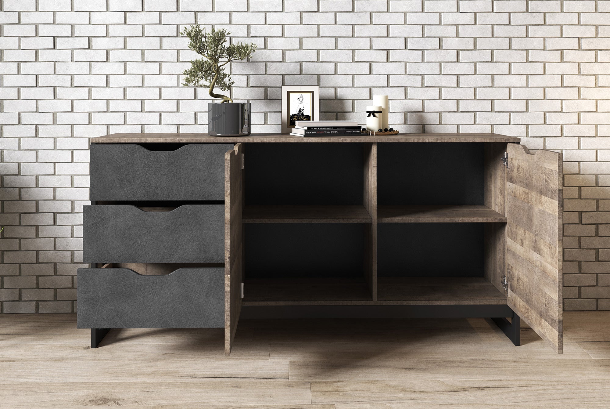 Acasia - Dressoir - Grijs/eiken - 161x40x79 cm