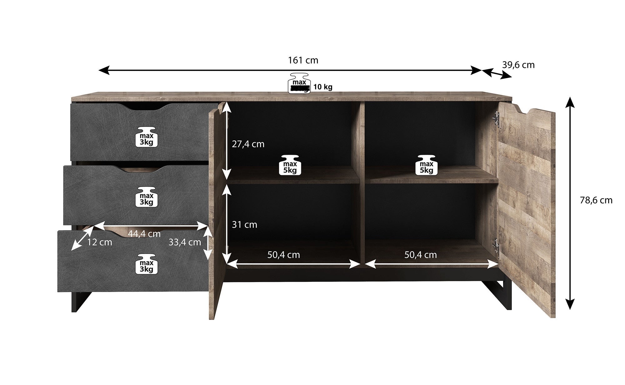 Acasia - Dressoir - Grijs/eiken - 161x40x79 cm