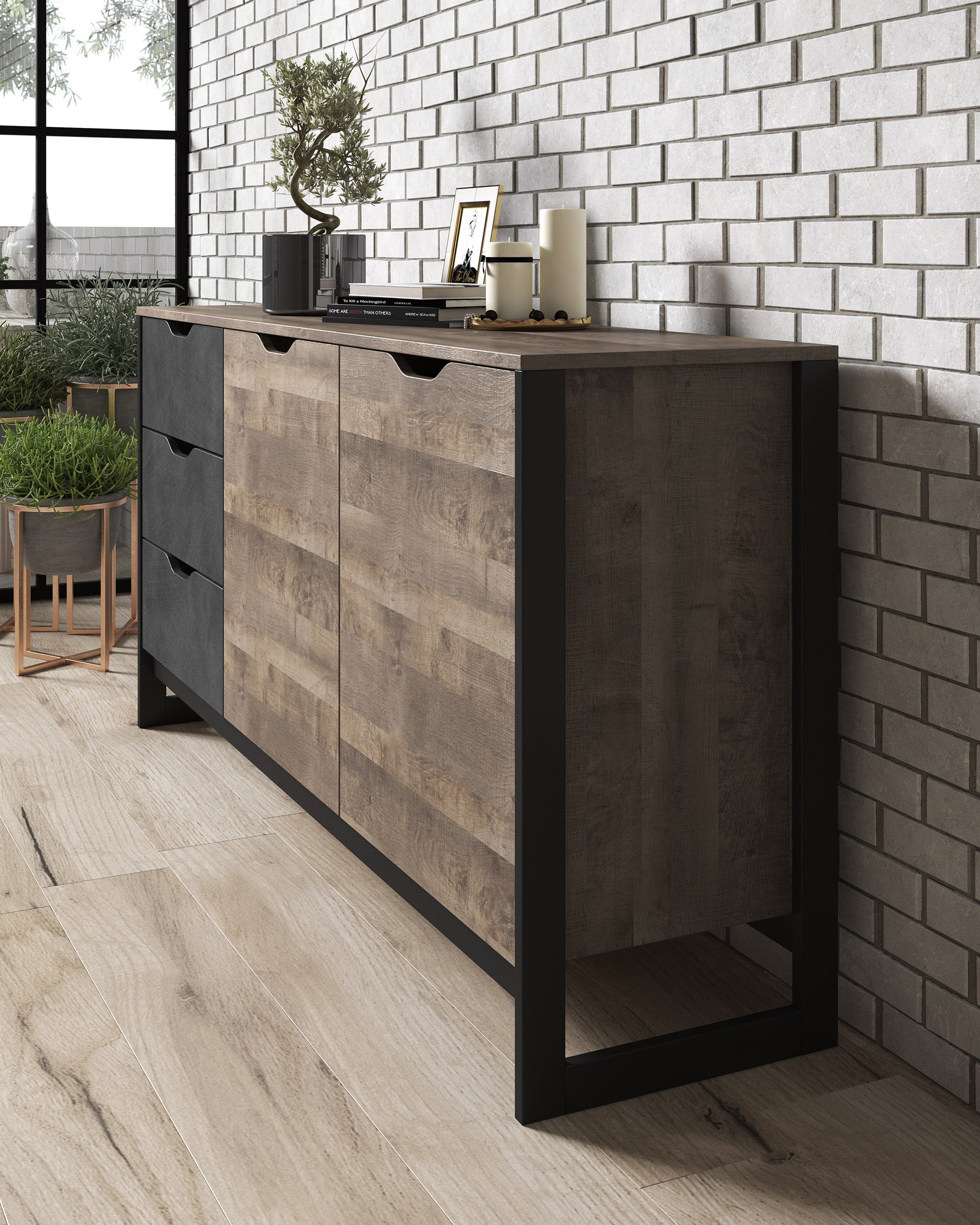Acasia - Dressoir - Grijs/eiken - 161x40x79 cm
