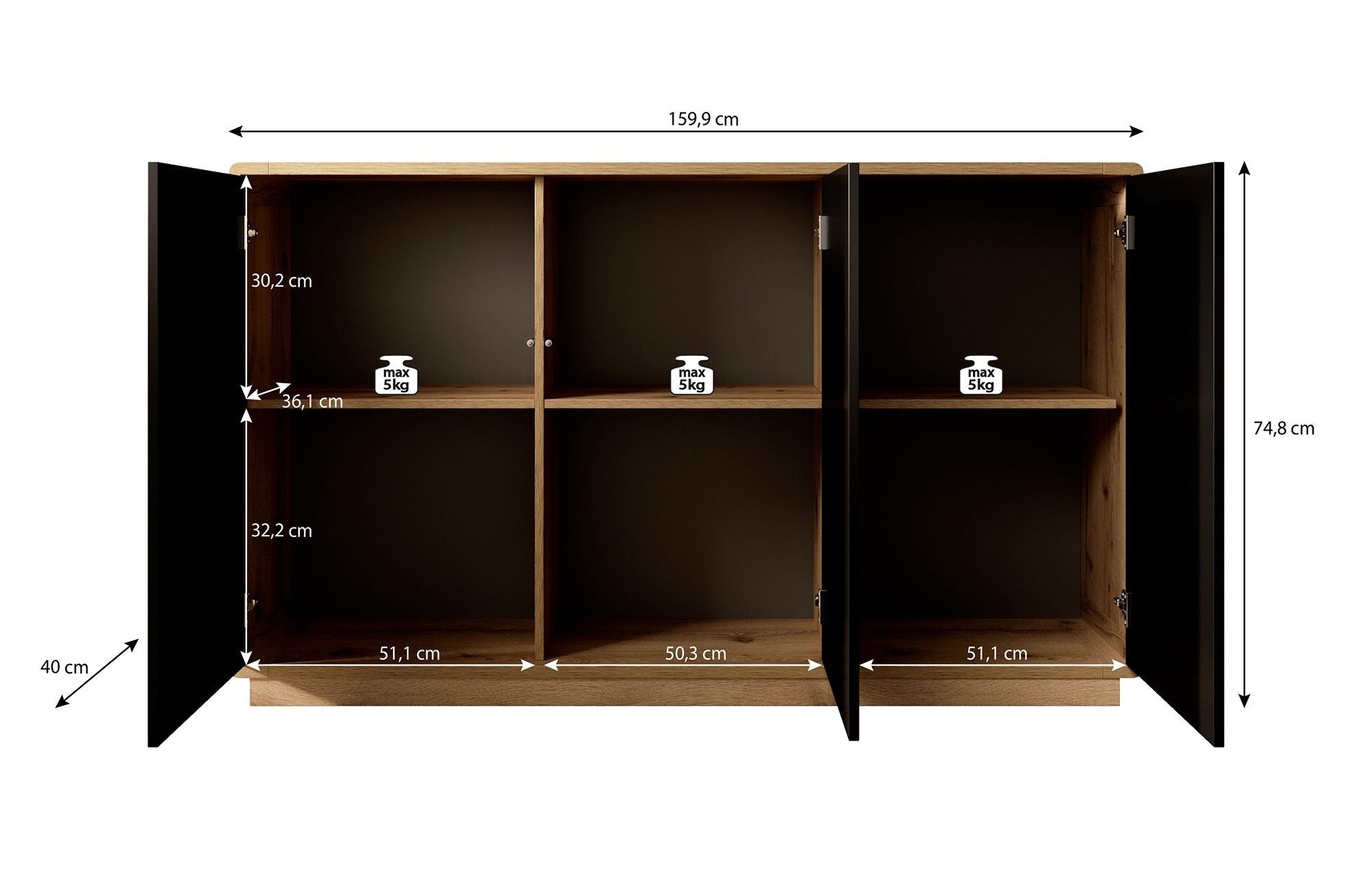 Acuna - Dressoir - Zwart/eiken - 160x40x75 cm