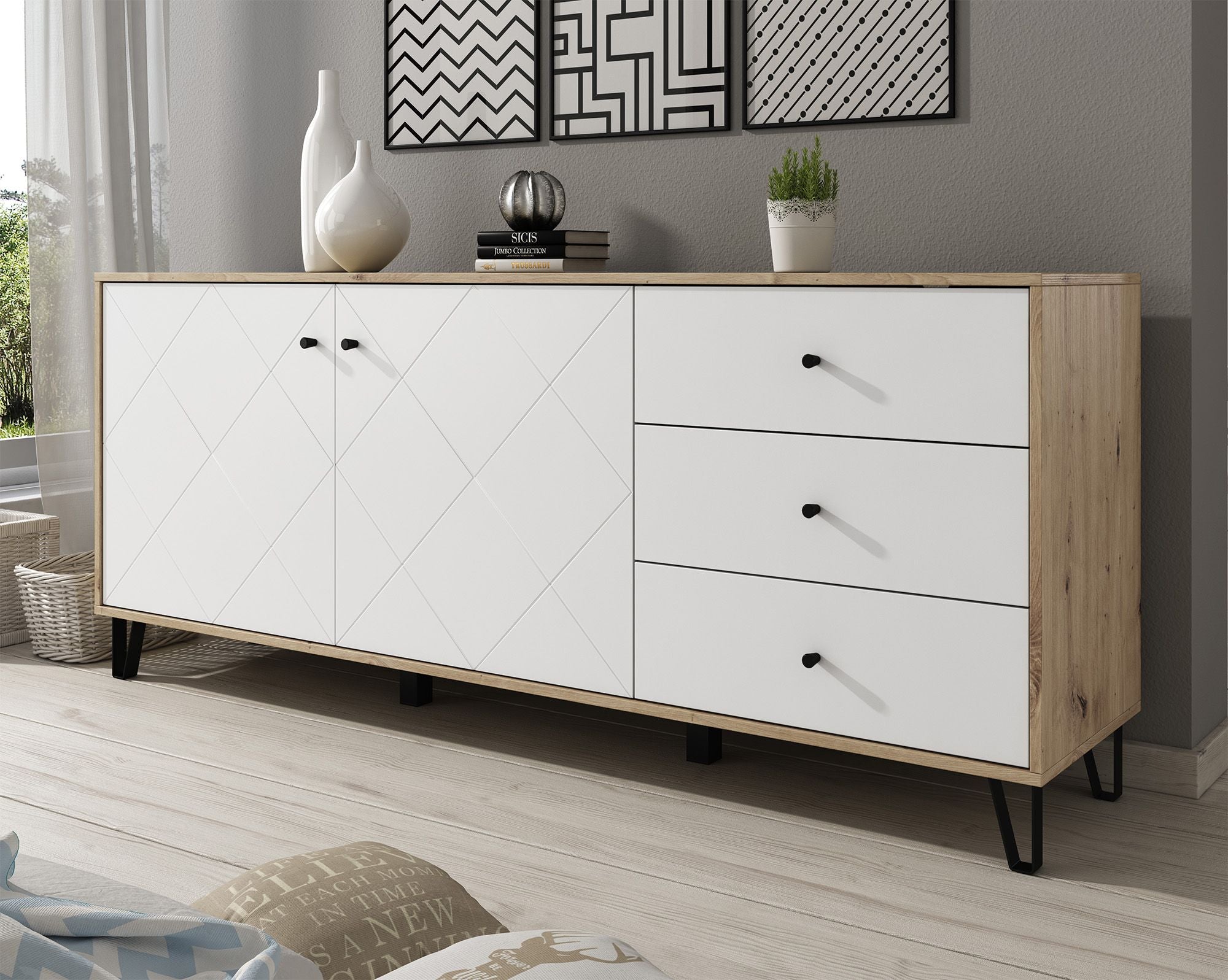 Barlo - Dressoir - Wit/eiken - 183x40x75 cm