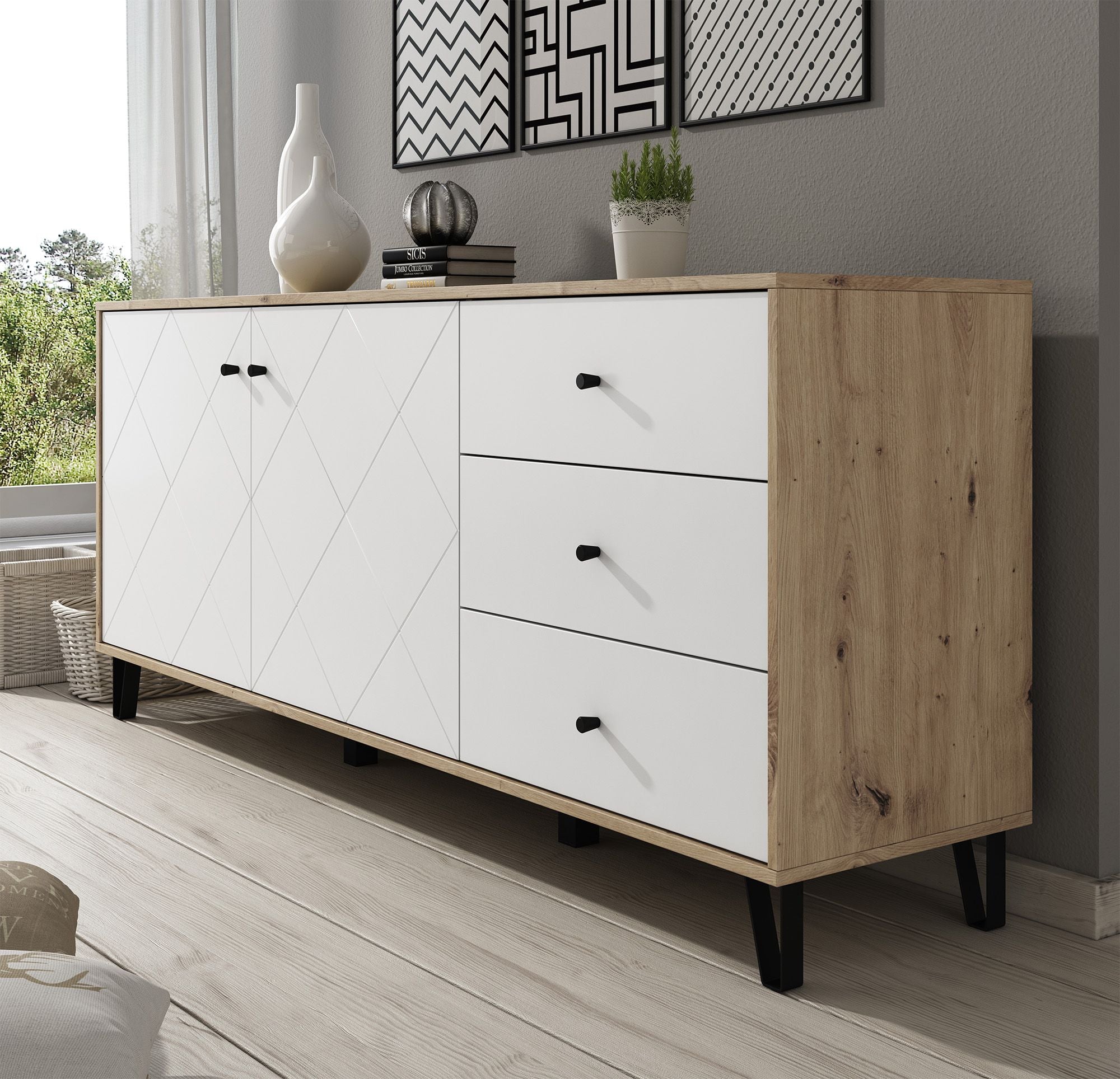 Barlo - Dressoir - Wit/eiken - 183x40x75 cm