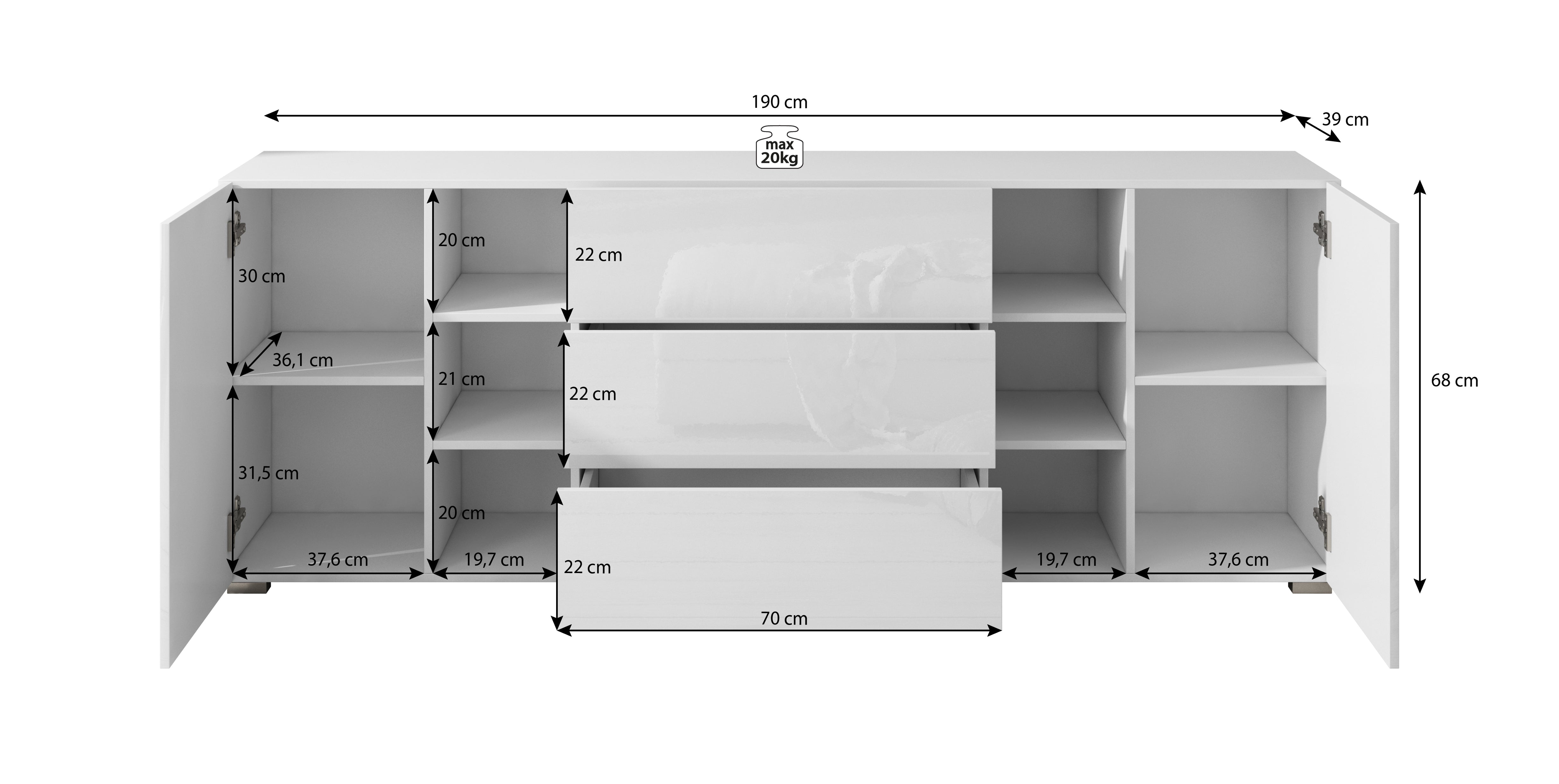 Bonzo - Dressoir - Wit - 190x39x68 cm