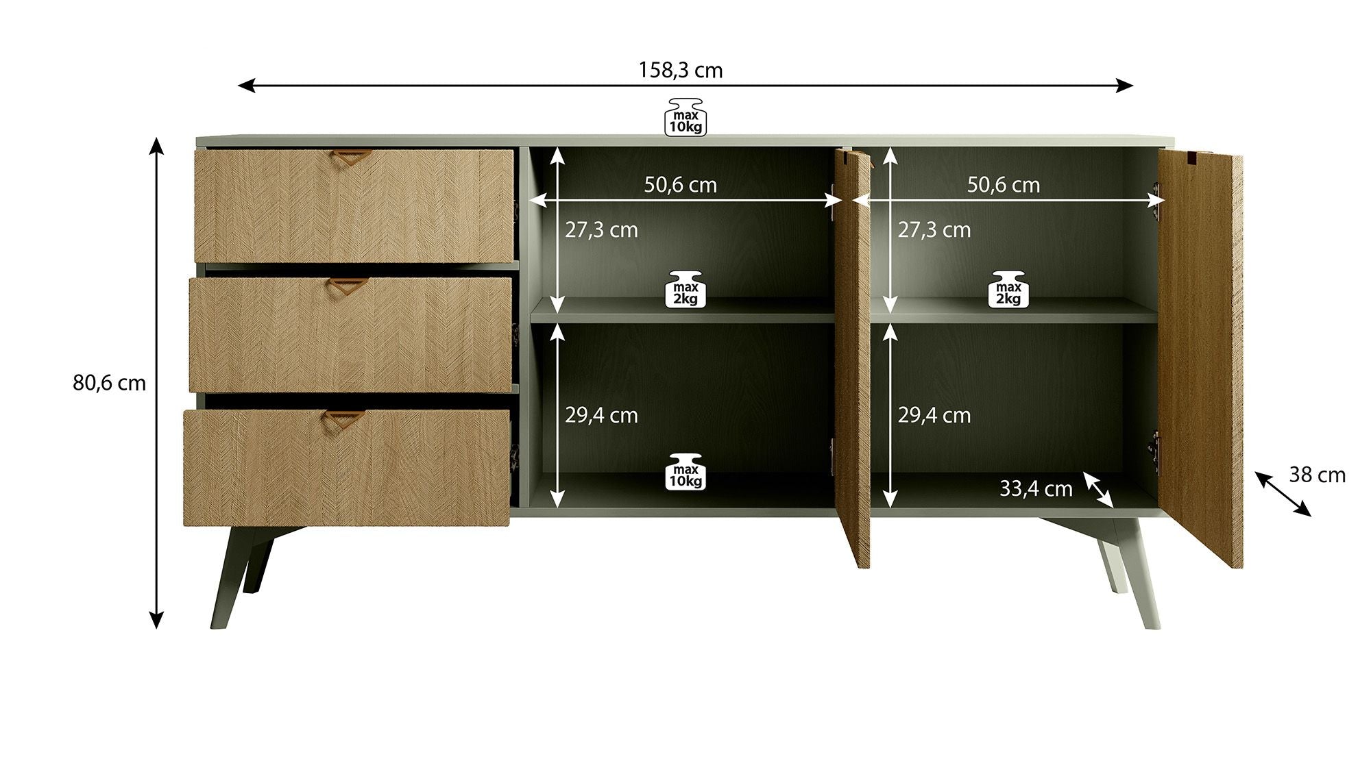 Essence - Dressoir - Groen/licht eiken - 158x38x81 cm