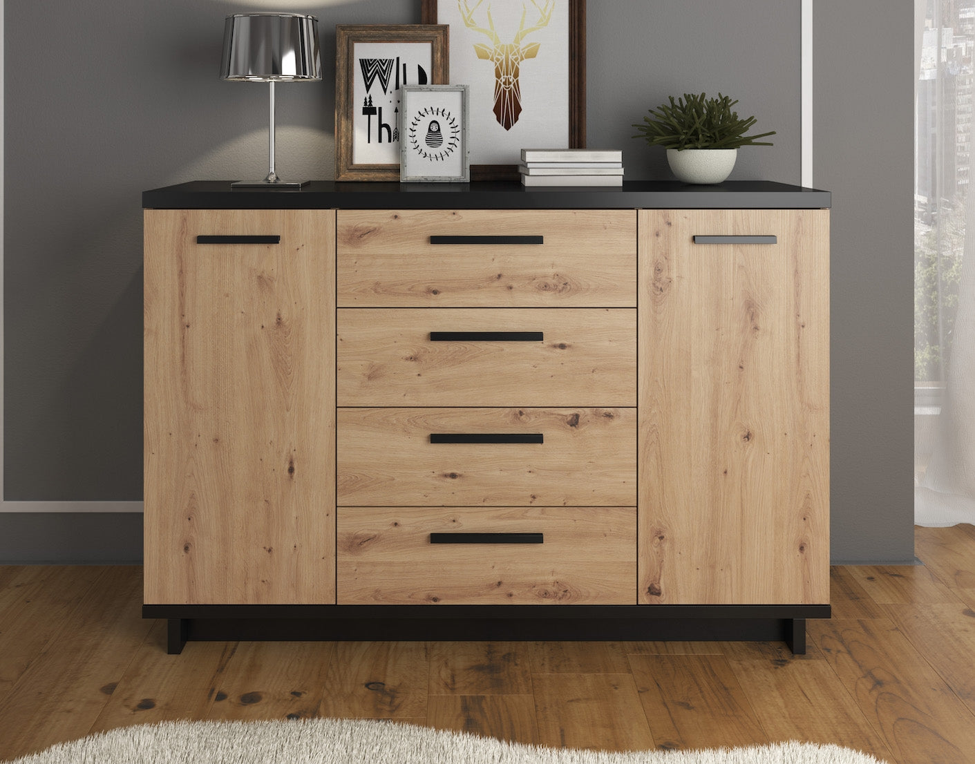 Incala - Dressoir - Eiken/zwart - 135x40x90 cm