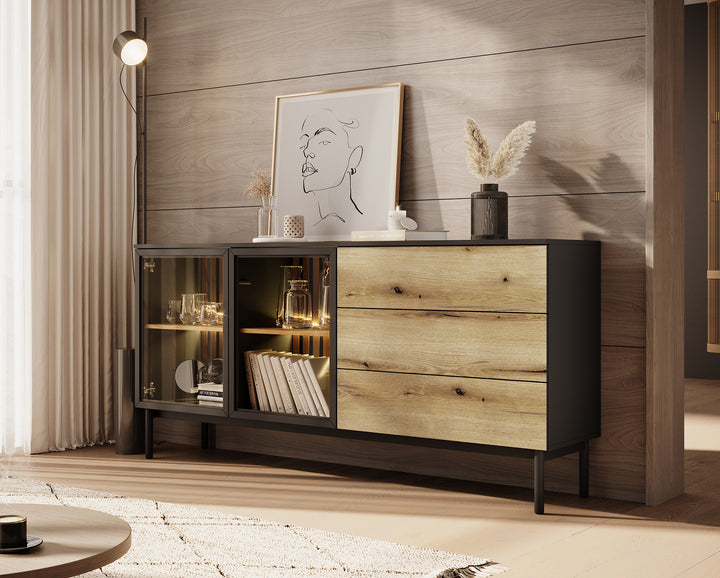 Ludwig - Dressoir - Zwart/eiken - 180x39x85 cm