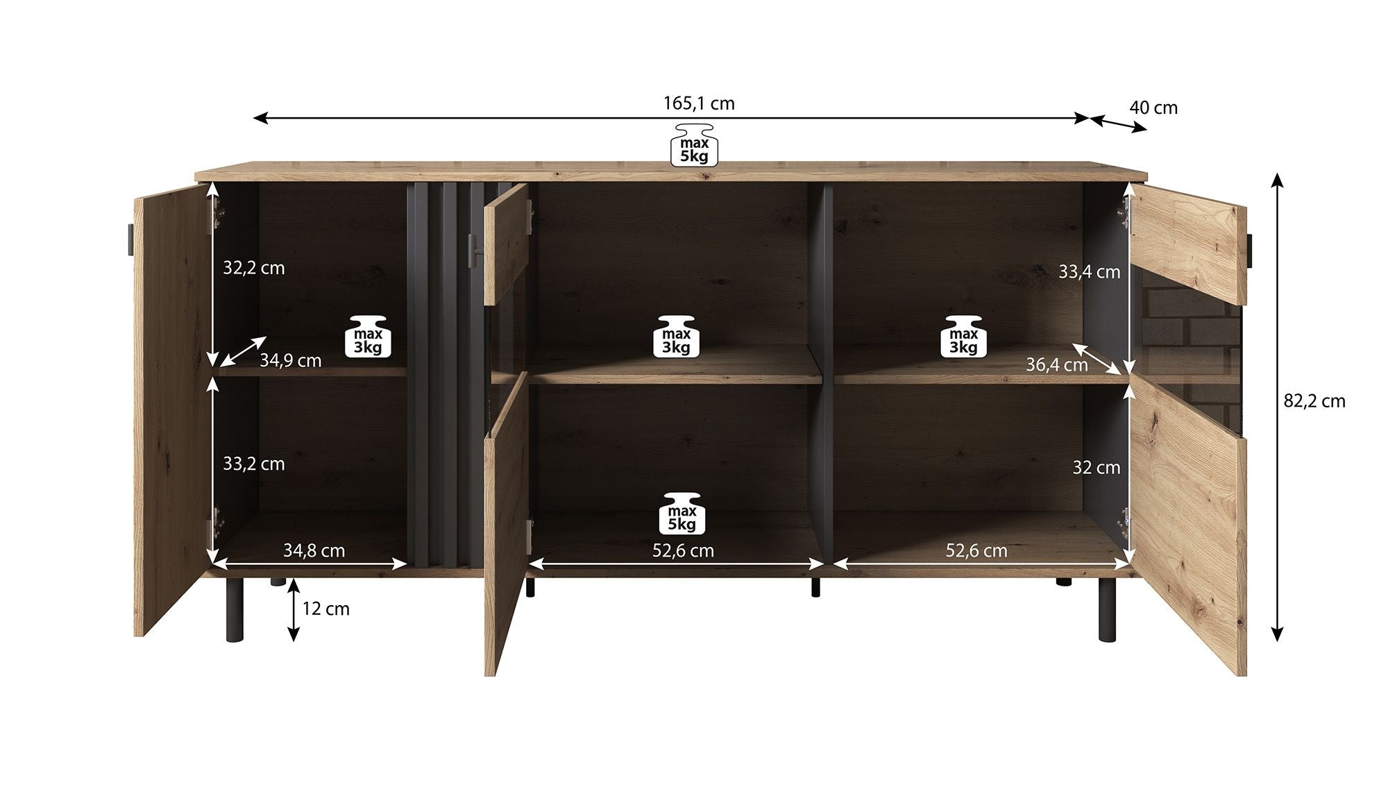 Marcos 2 - Dressoir - Eiken/antraciet - 165x40x82 cm