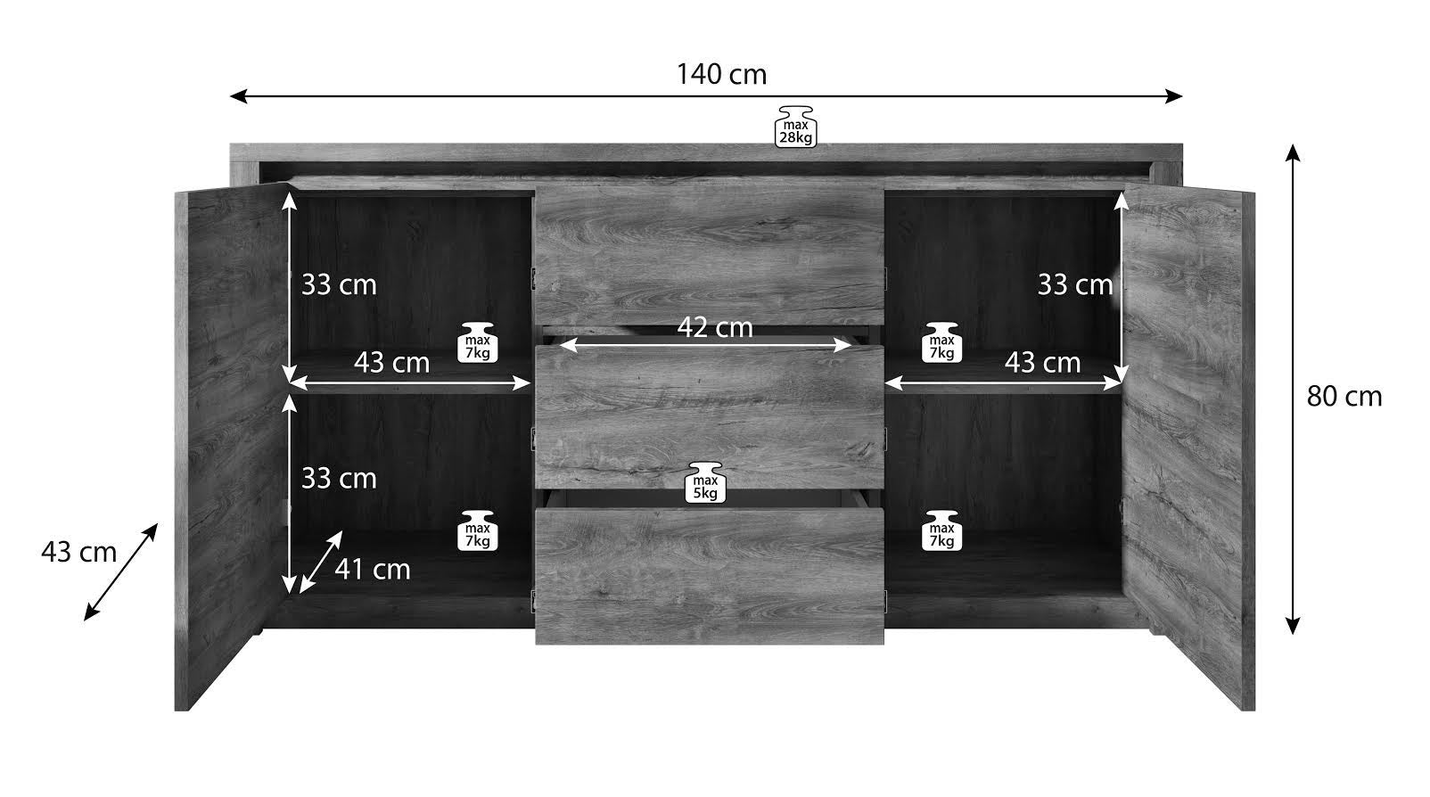 Monaco - Dressoir - Eiken/grijs - 140x43x80 cm