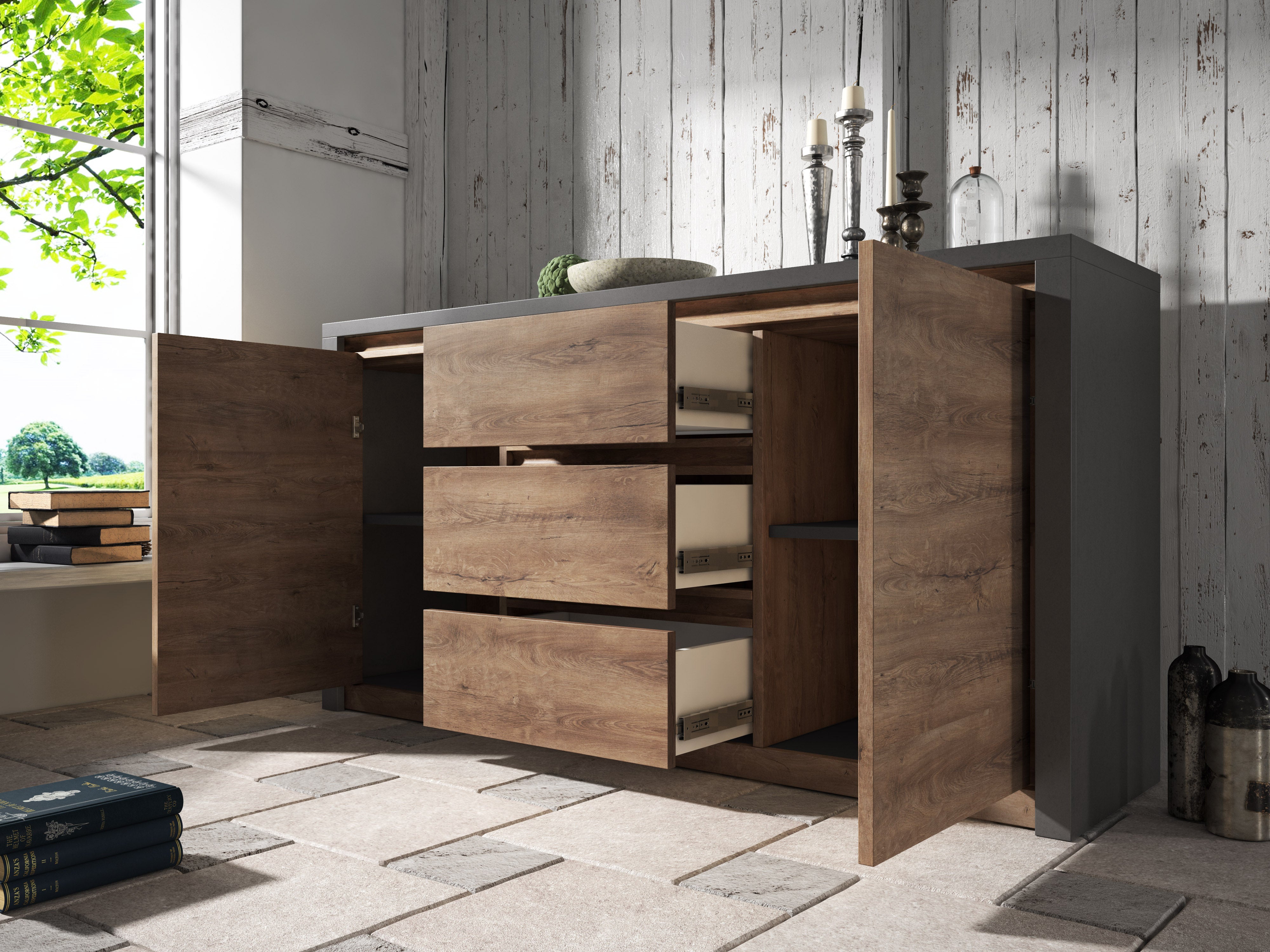 Monaco - Dressoir - Eiken/grijs - 140x43x80 cm