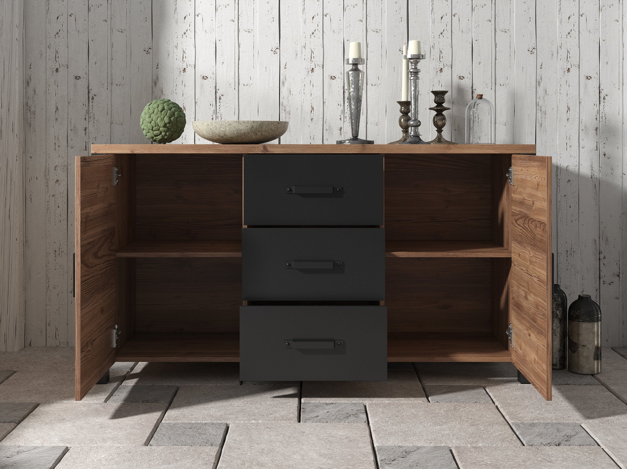 Olivia - Dressoir - Zwart/eiken - 147x43x79 cm