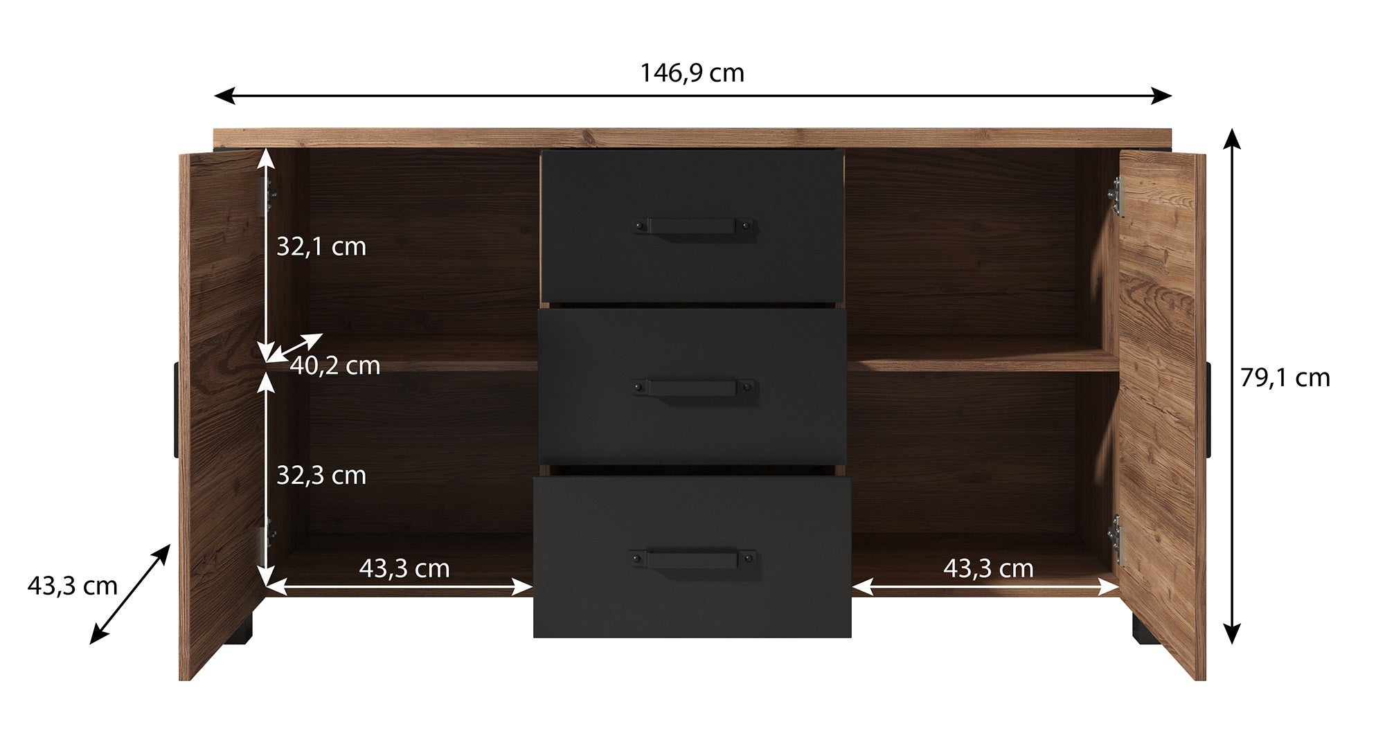 Olivia - Dressoir - Zwart/eiken - 147x43x79 cm